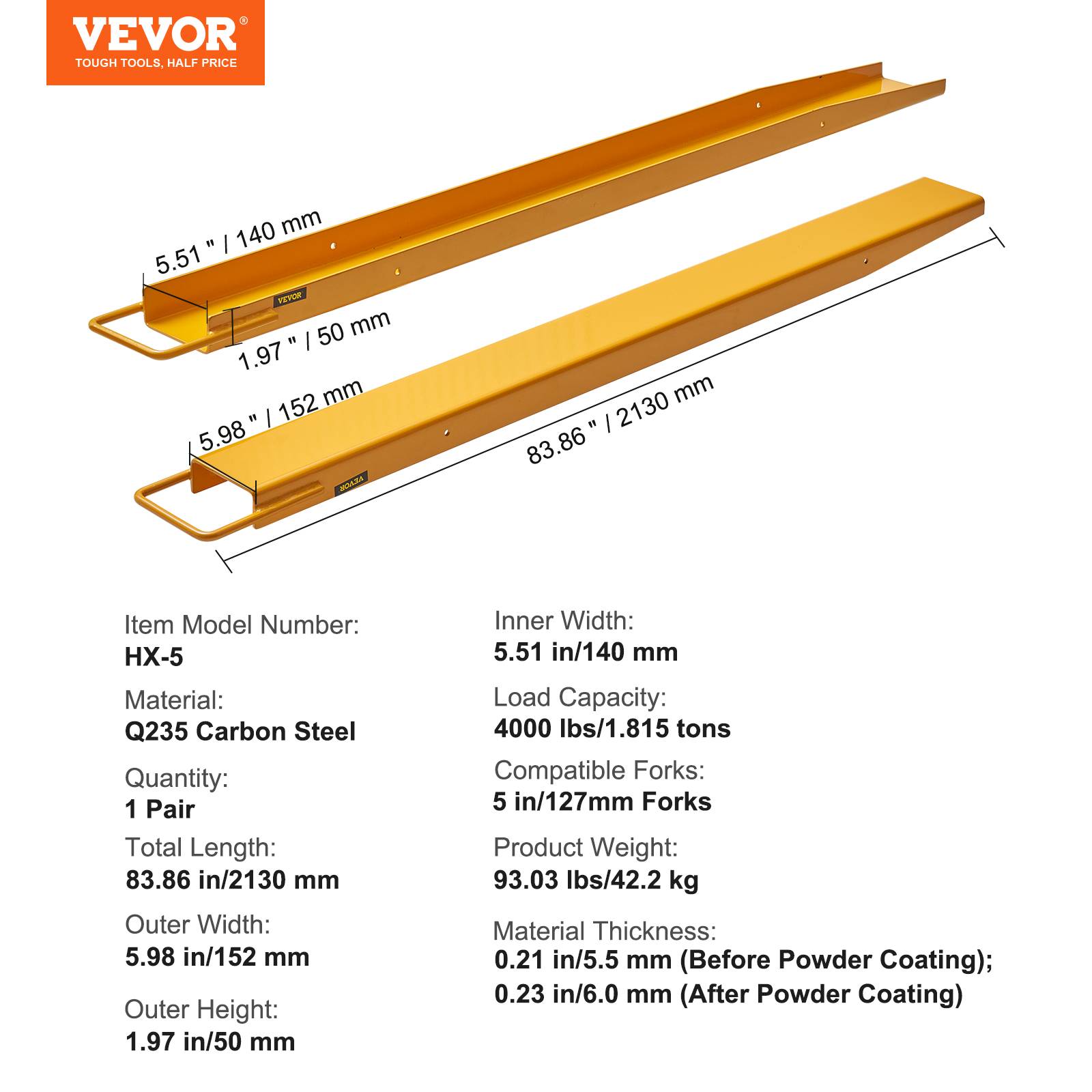 Vevor - VEVOR Rallonges fourches palette 2130x140 mm, acier carbone, jaune. Charges volumineuses. - Image 7