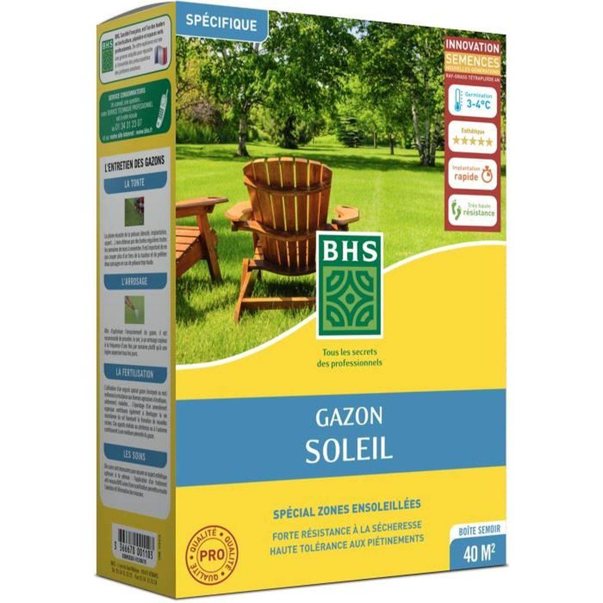 BHS - Mélange de semences de gazon soleil 1 kg, haute tolérance au piétinement, sec et UV - BHS