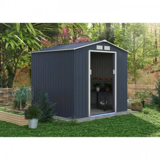No name - Abri de jardin en métal 4,07 m² - 213 x 191 x 195 cm - MARS -Kit d'ancrage inclus, 2 portes coulissantes - Gris - Image 2