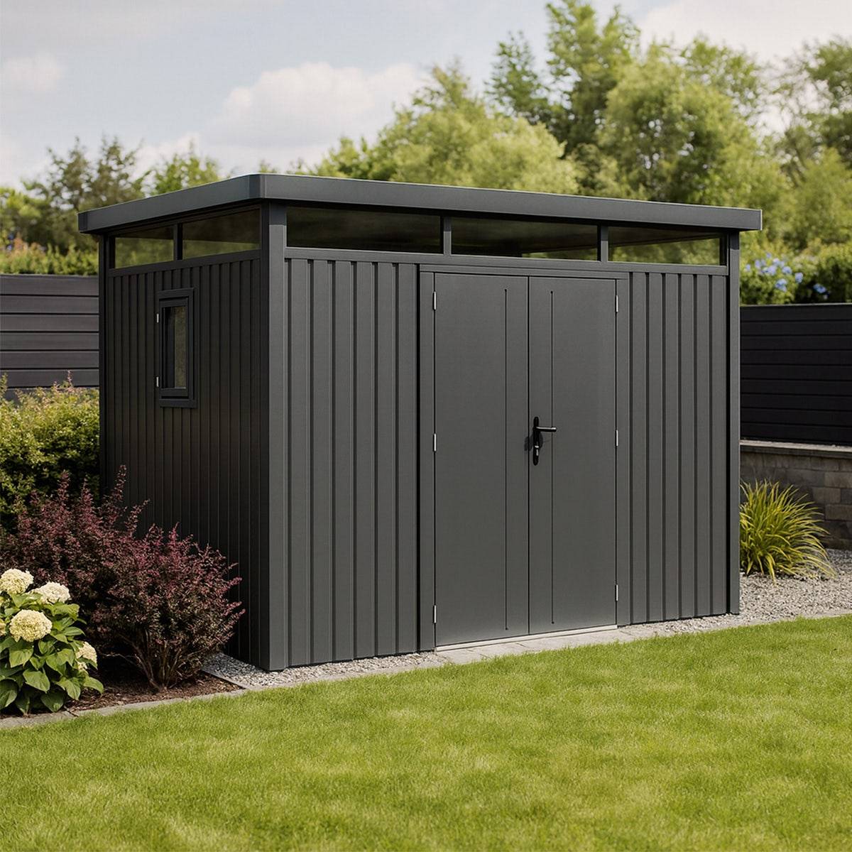 Abri de jardin moderne gris anthracite toit plat en acier galvanisé - Image 1