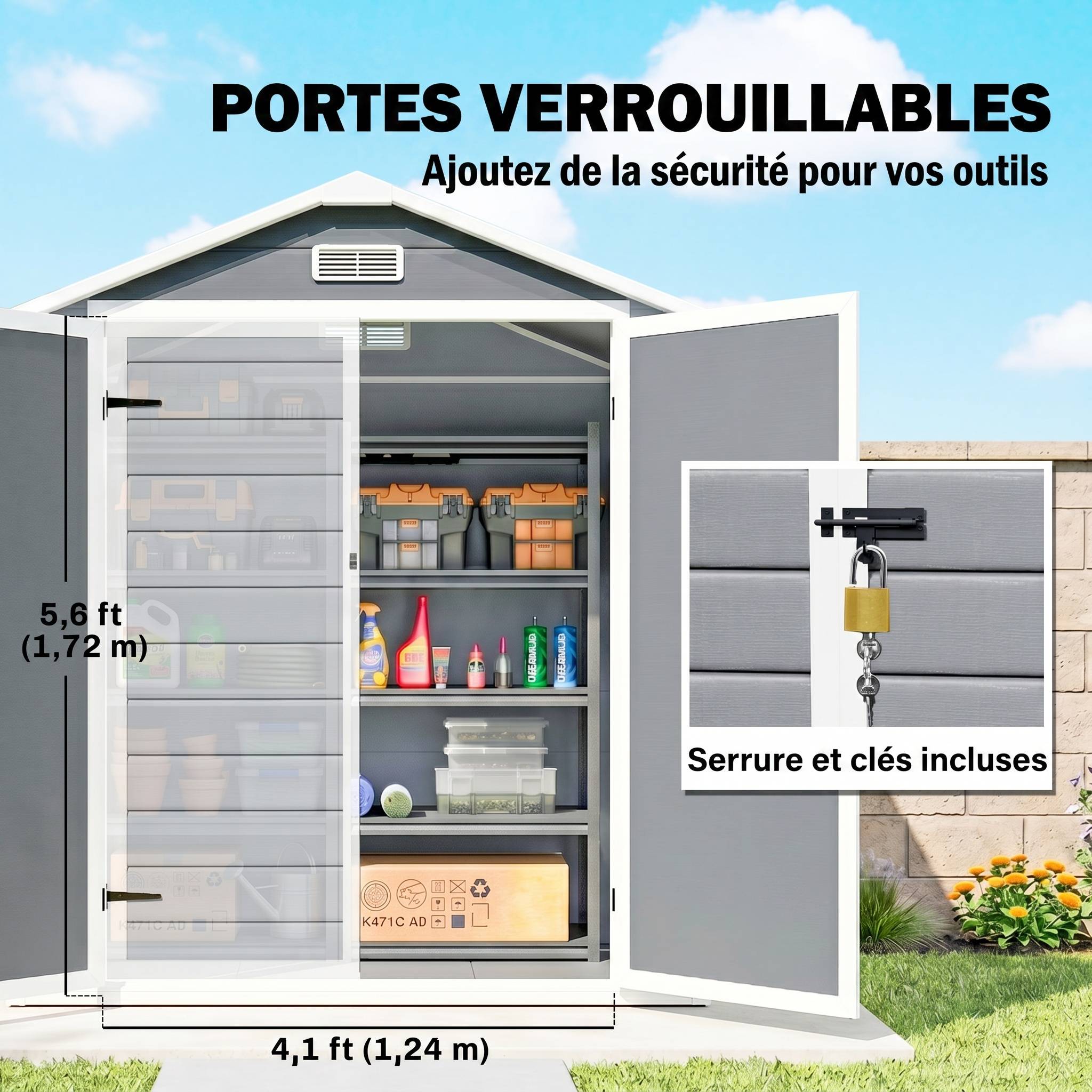 Abri de jardin cabanon en résine polypropylène 2,12 m² - 2 portes 1 fenêtre et 1 grille d'aération, toit à pignon, gris - Image 9