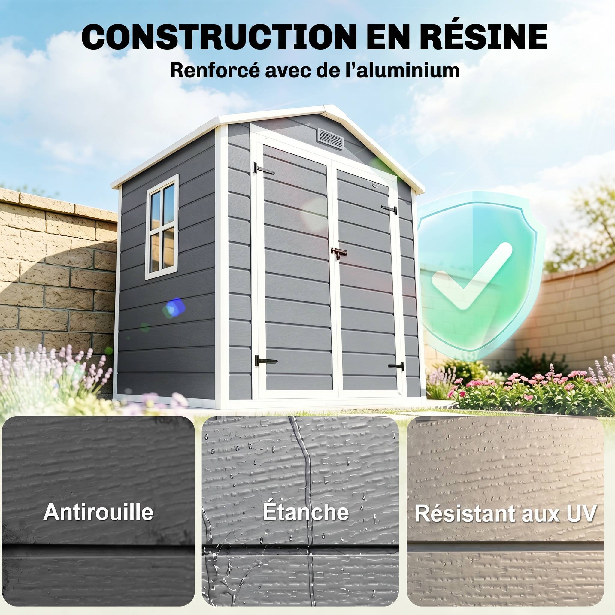 Abri de jardin cabanon en résine polypropylène 2,12 m² - 2 portes 1 fenêtre et 1 grille d'aération, toit à pignon, gris - Image 6