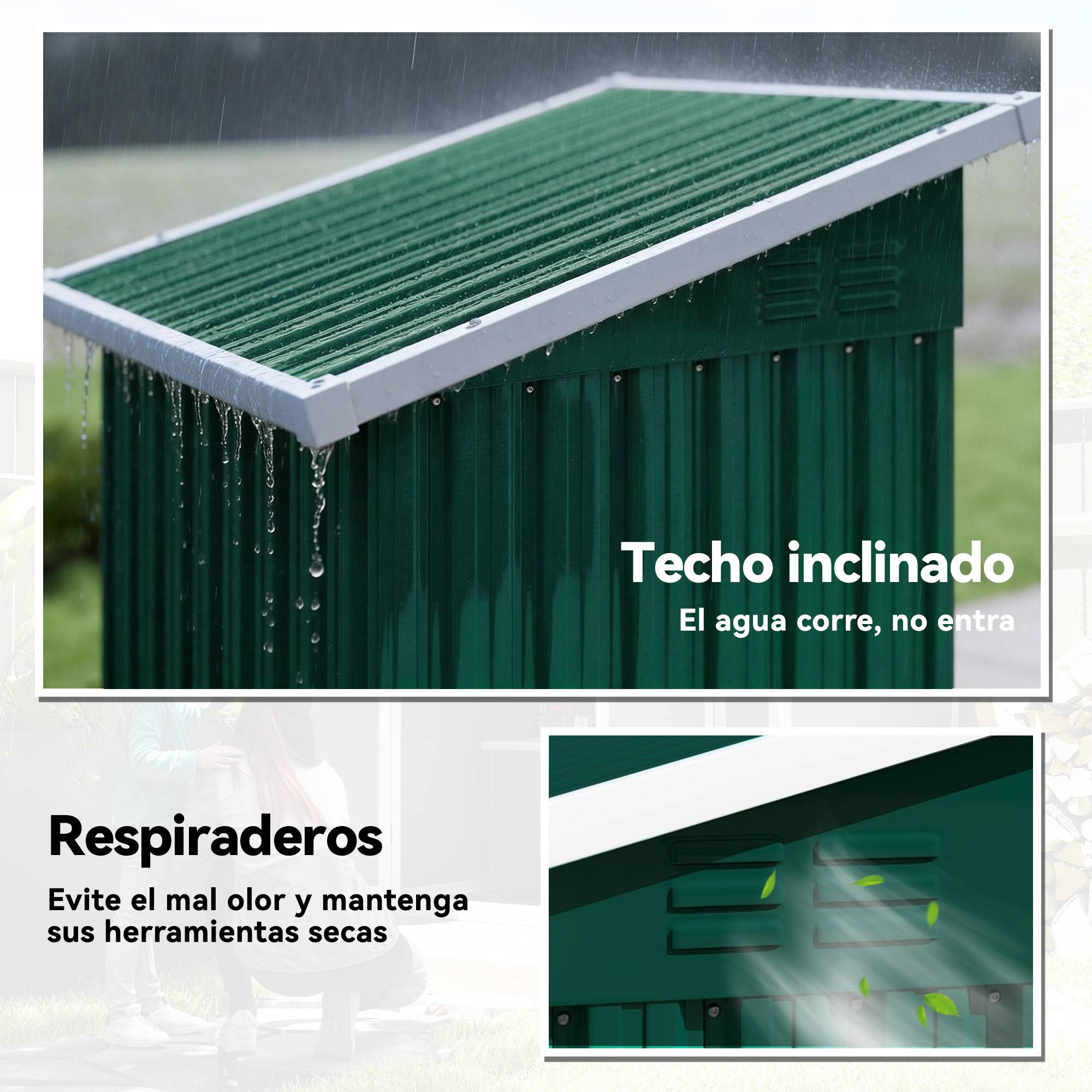 Abri de jardin extérieur en métal de 0,74 m² (107,5 x 91 x 185 cm) avec toit incliné, porte verrouillable et ventilation - Vert - Image 7