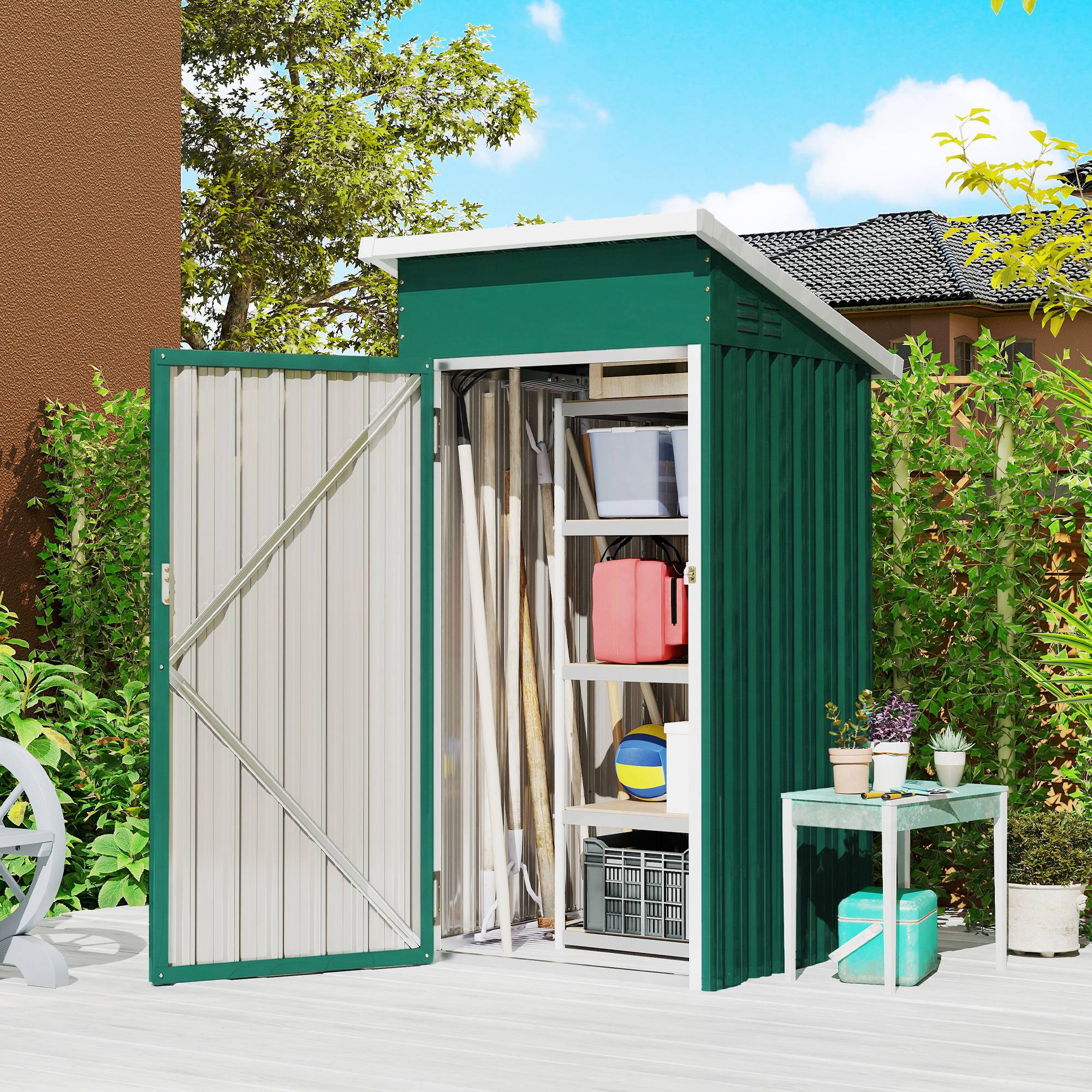 Abri de jardin extérieur en métal de 0,74 m² (107,5 x 91 x 185 cm) avec toit incliné, porte verrouillable et ventilation - Vert - Image 4