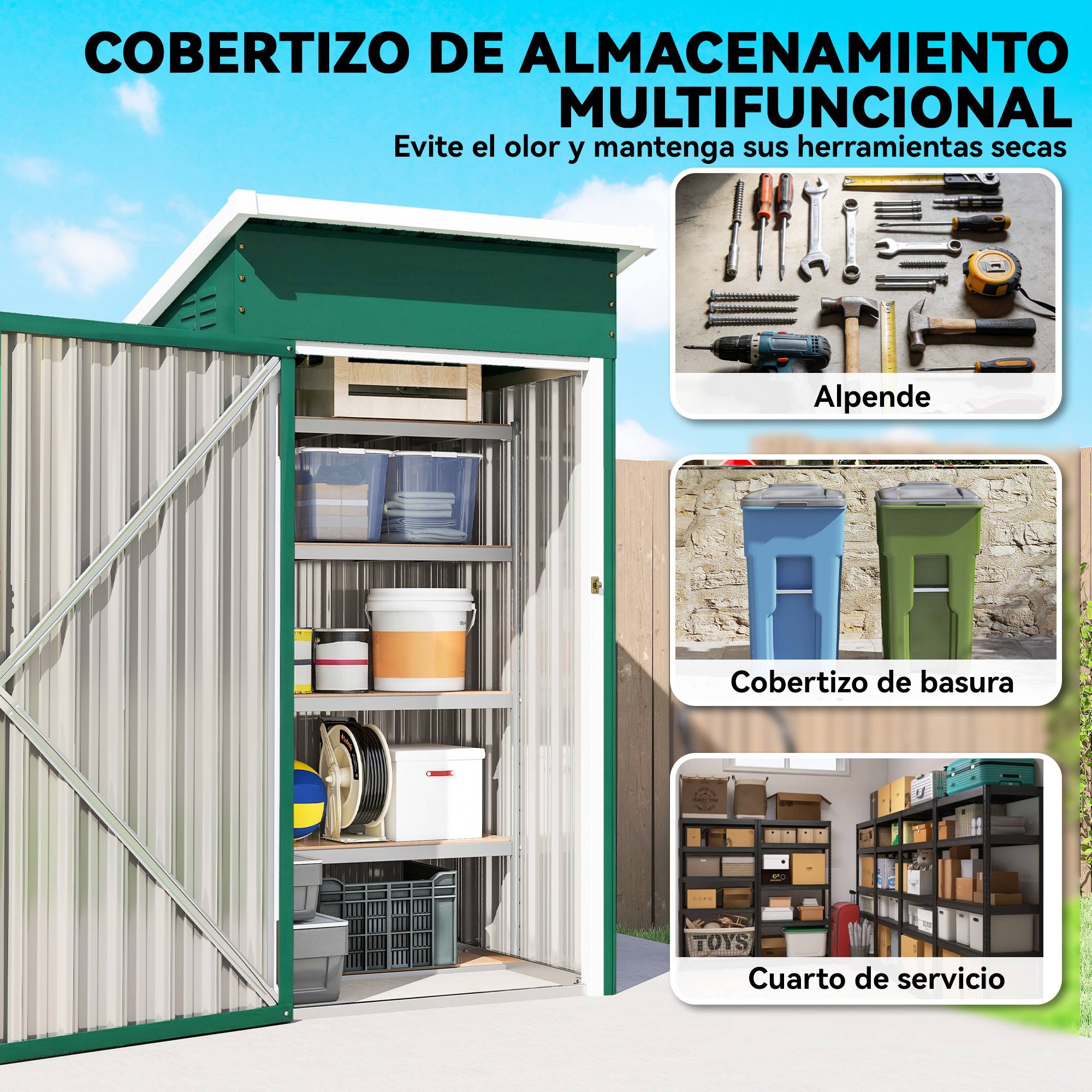 Abri de jardin extérieur en métal de 0,74 m² (107,5 x 91 x 185 cm) avec toit incliné, porte verrouillable et ventilation - Vert - Image 6
