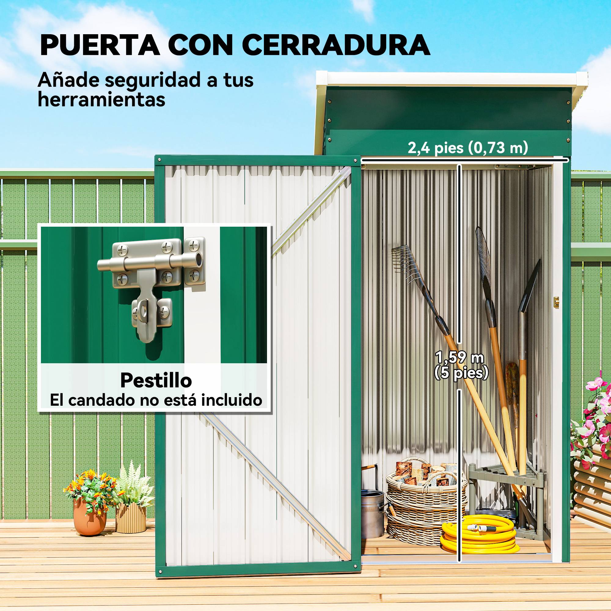 Abri de jardin extérieur en métal de 0,74 m² (107,5 x 91 x 185 cm) avec toit incliné, porte verrouillable et ventilation - Vert - Image 9