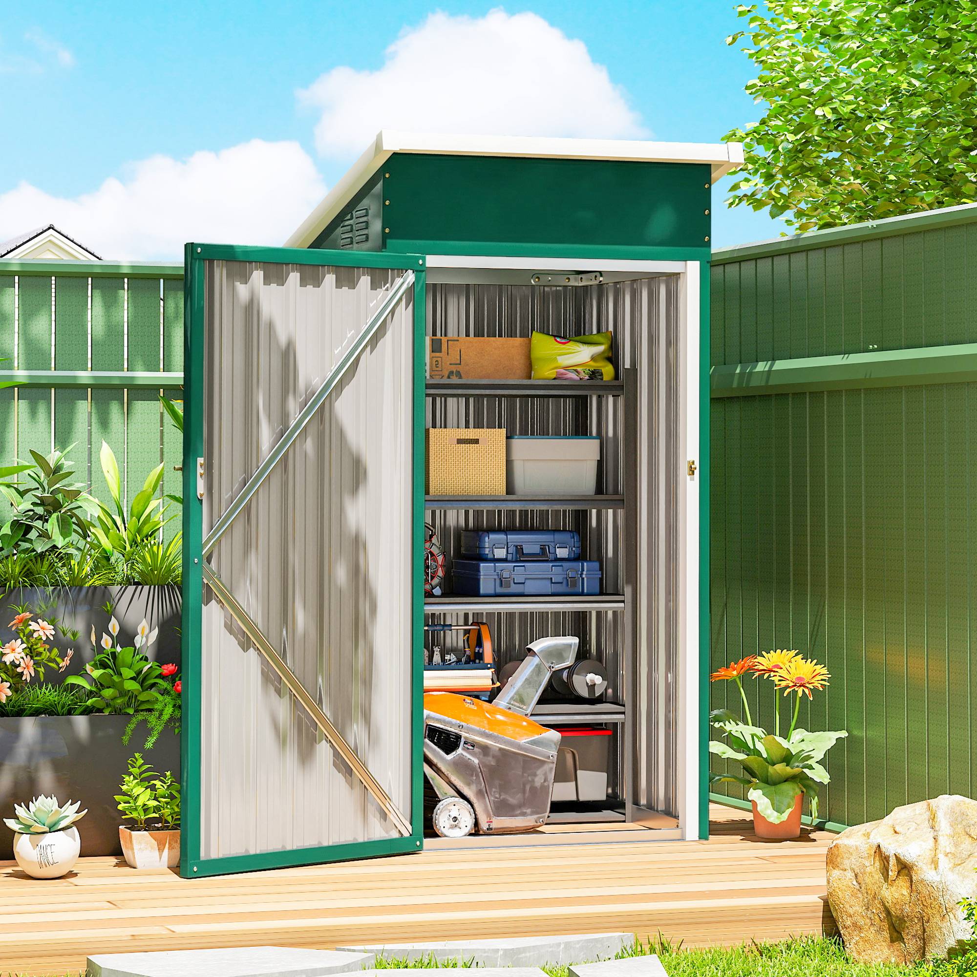 Abri de jardin extérieur en métal de 0,74 m² (107,5 x 91 x 185 cm) avec toit incliné, porte verrouillable et ventilation - Vert - Image 3
