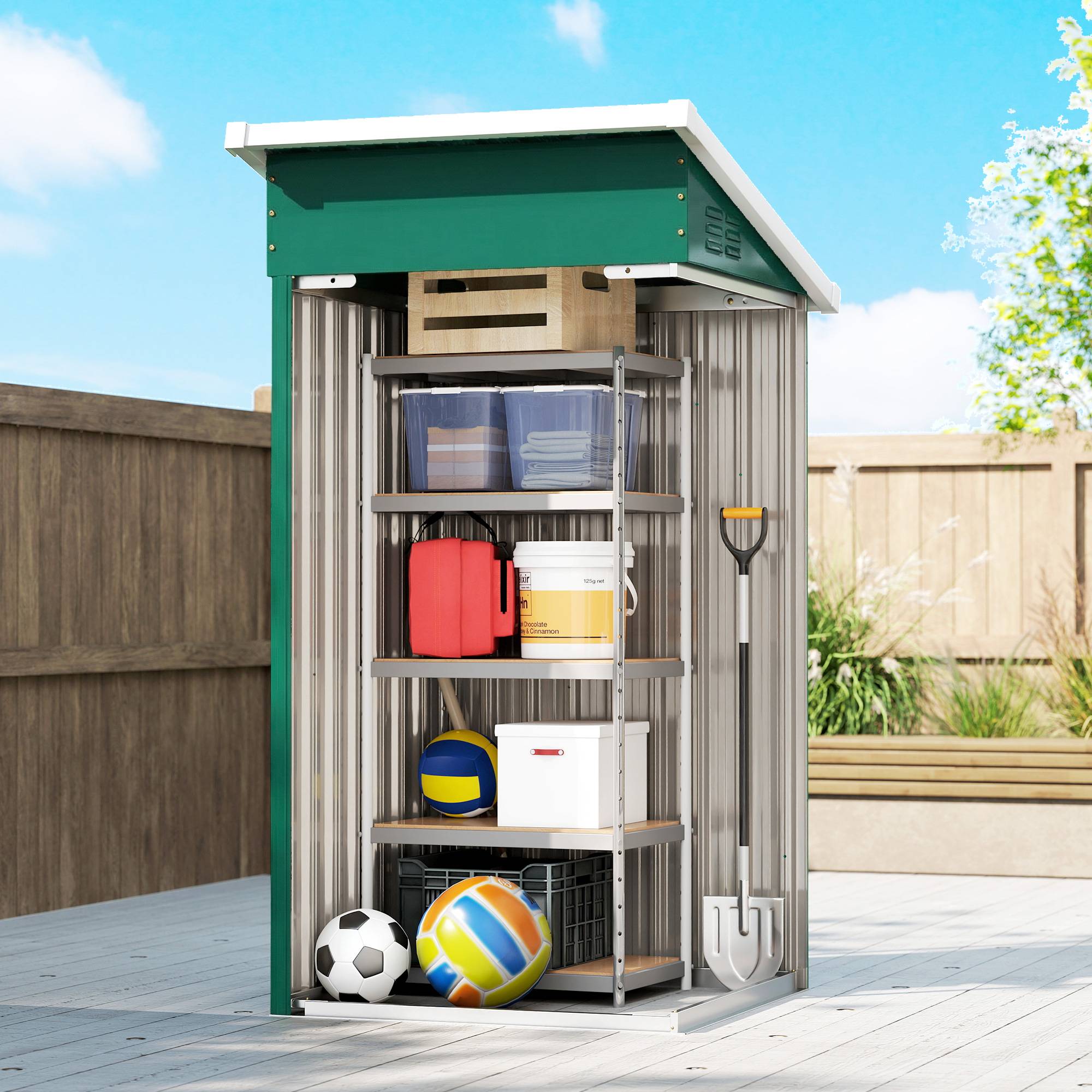 Abri de jardin extérieur en métal de 0,74 m² (107,5 x 91 x 185 cm) avec toit incliné, porte verrouillable et ventilation - Vert - Image 10