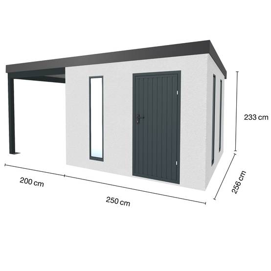 Abri de jardin en métal finition crépi 2900 x 2980 mm blanc avec auvent à gauche 2000 x 2980 mm anthracite - Image 1