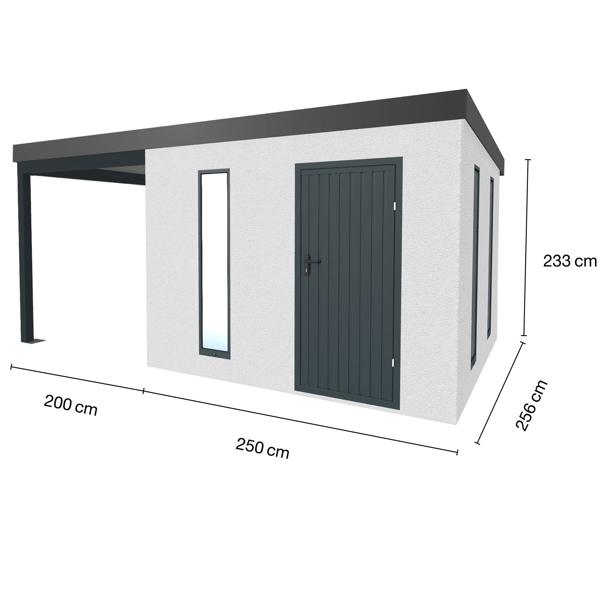 Abri de jardin en métal finition crépi 2900 x 2980 mm blanc avec auvent à gauche 2000 x 2980 mm anthracite - Image 1