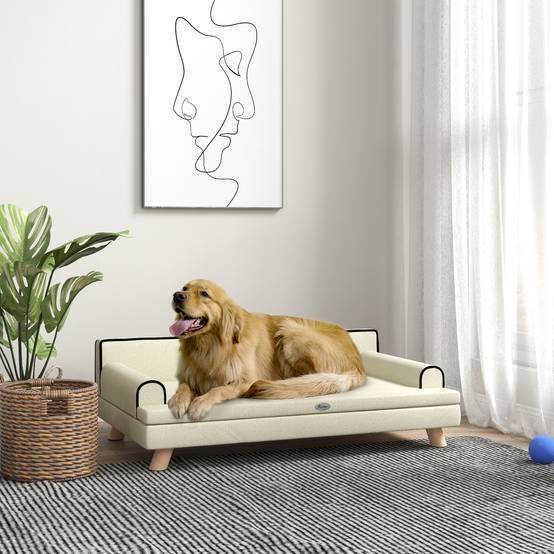 Sans Marque - Canapé pour chien chat design scandinave coussin moelleux amovible pieds bois massif 100 x 62 x 32 cm beige - Image 3
