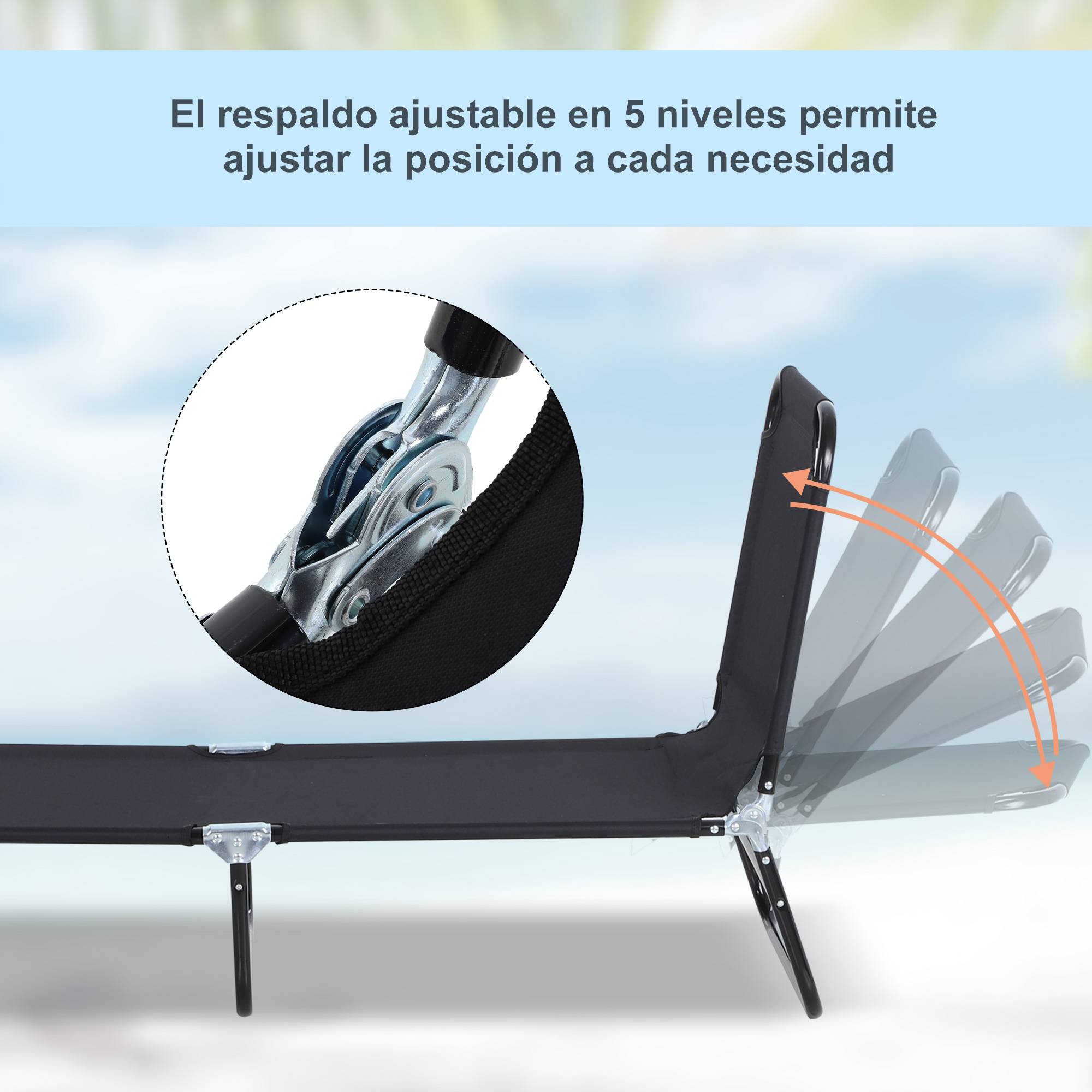 Sans Marque - Tumbona plegable reclinable 5 posiciones, para jardín piscina terraza y camping, carga 120 kg, 188x56x28 cm, negro - Image 6