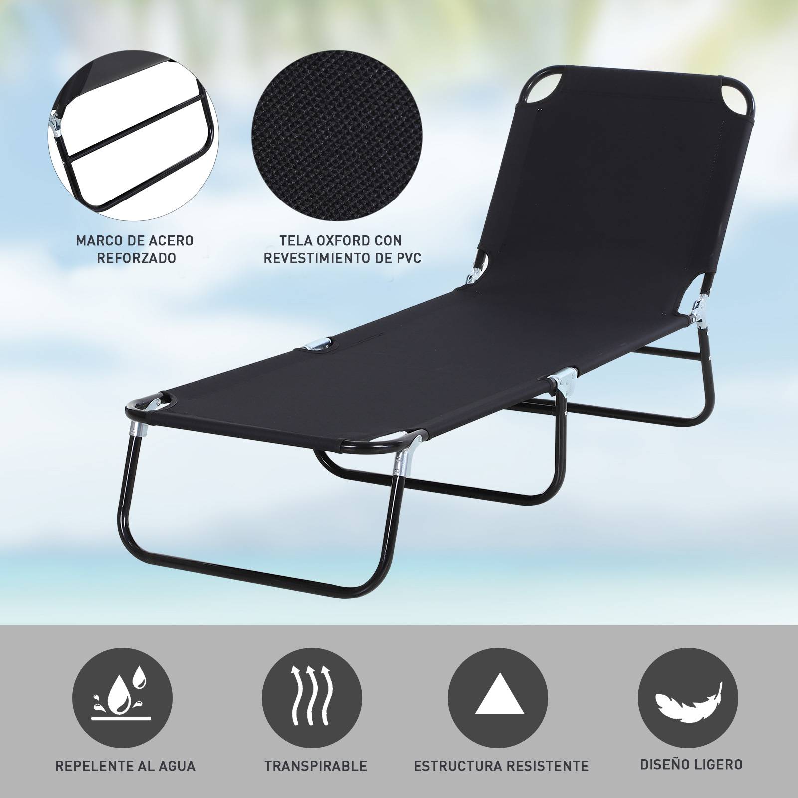 Sans Marque - Tumbona plegable reclinable 5 posiciones, para jardín piscina terraza y camping, carga 120 kg, 188x56x28 cm, negro - Image 7