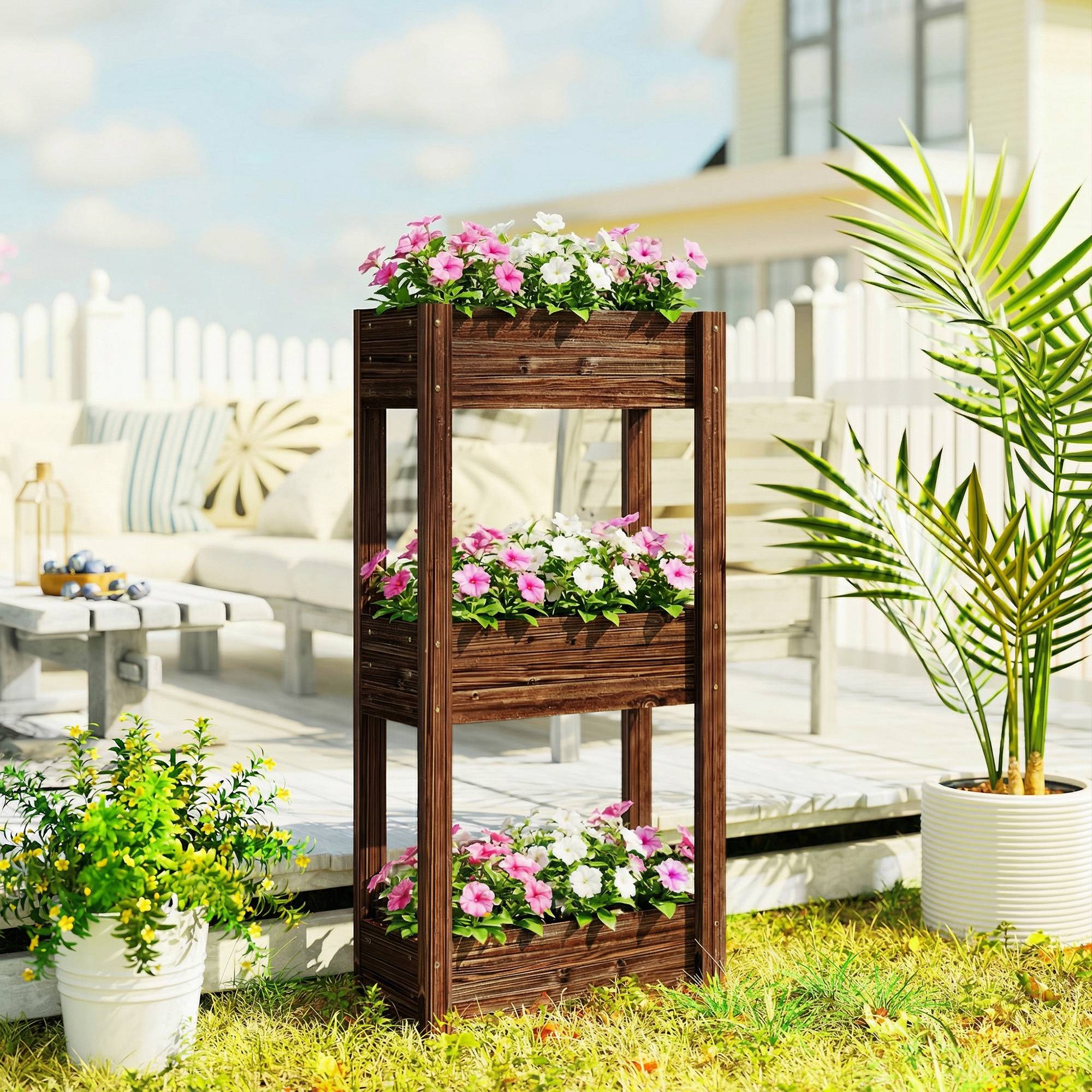 Bac à Plantes Surélevé Jardinière sur Pieds 3 Niveaux Trous de Drainage et Doublure 60 x 25 x 120 cm, Marron - Image 3