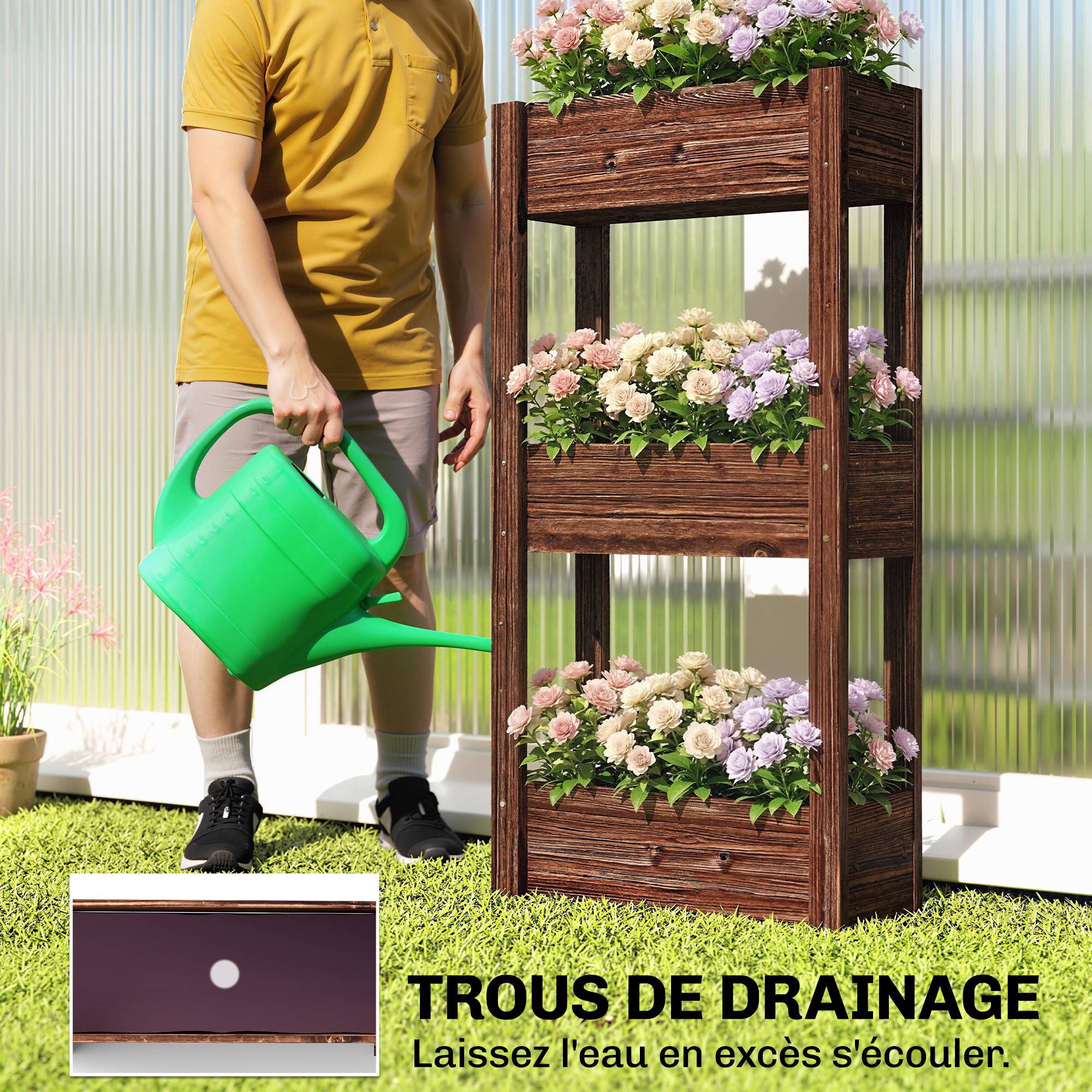Bac à Plantes Surélevé Jardinière sur Pieds 3 Niveaux Trous de Drainage et Doublure 60 x 25 x 120 cm, Marron - Image 8