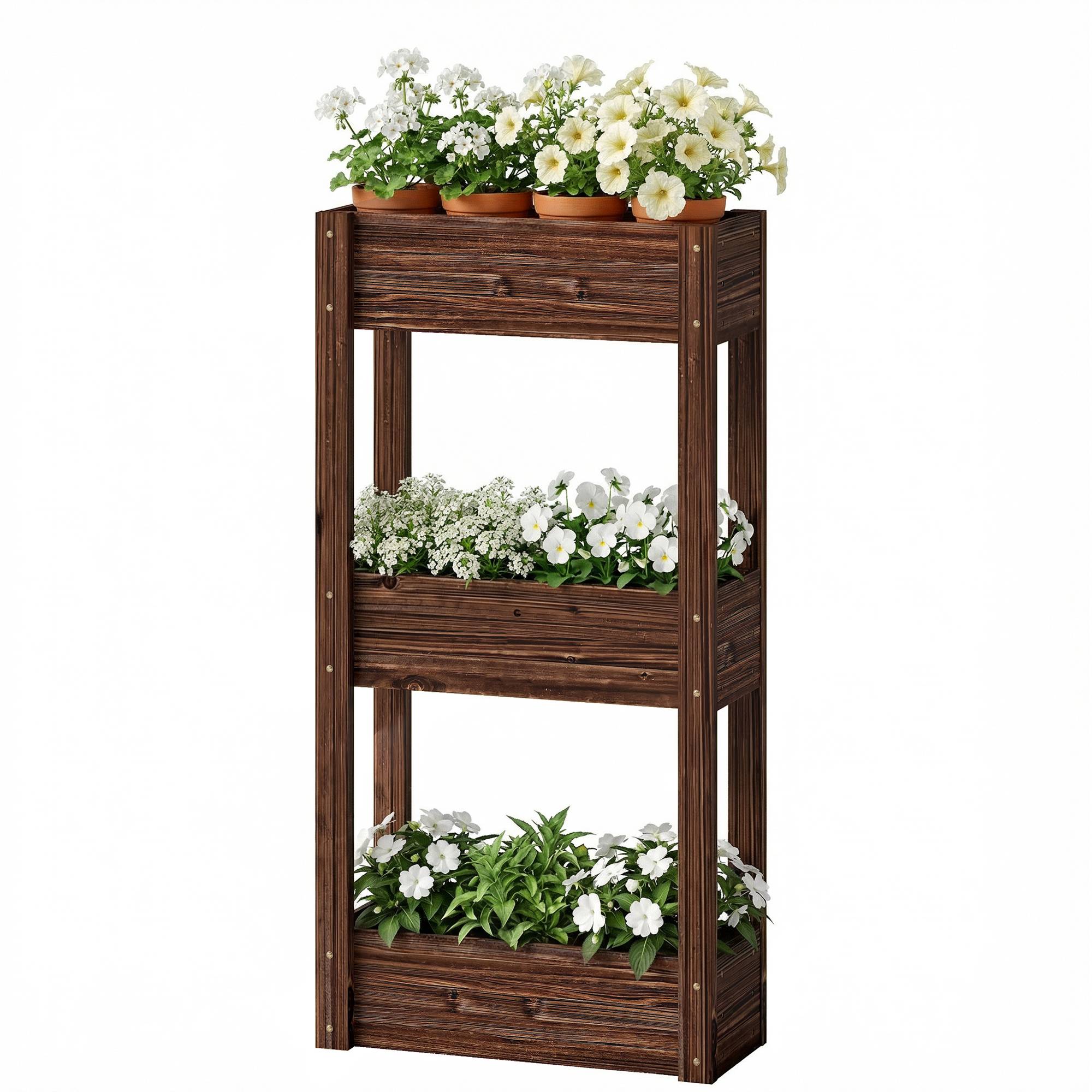 Bac à Plantes Surélevé Jardinière sur Pieds 3 Niveaux Trous de Drainage et Doublure 60 x 25 x 120 cm, Marron - Image 2