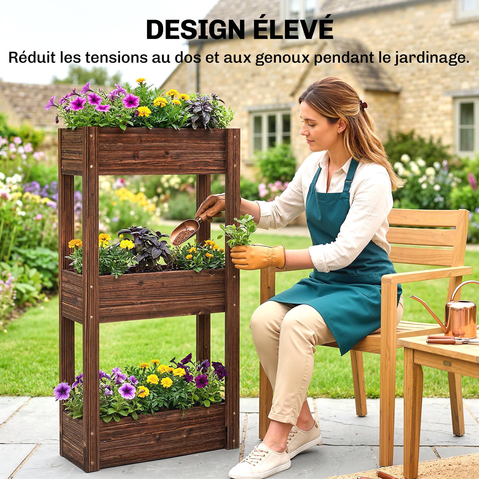 Bac à Plantes Surélevé Jardinière sur Pieds 3 Niveaux Trous de Drainage et Doublure 60 x 25 x 120 cm, Marron - Image 7