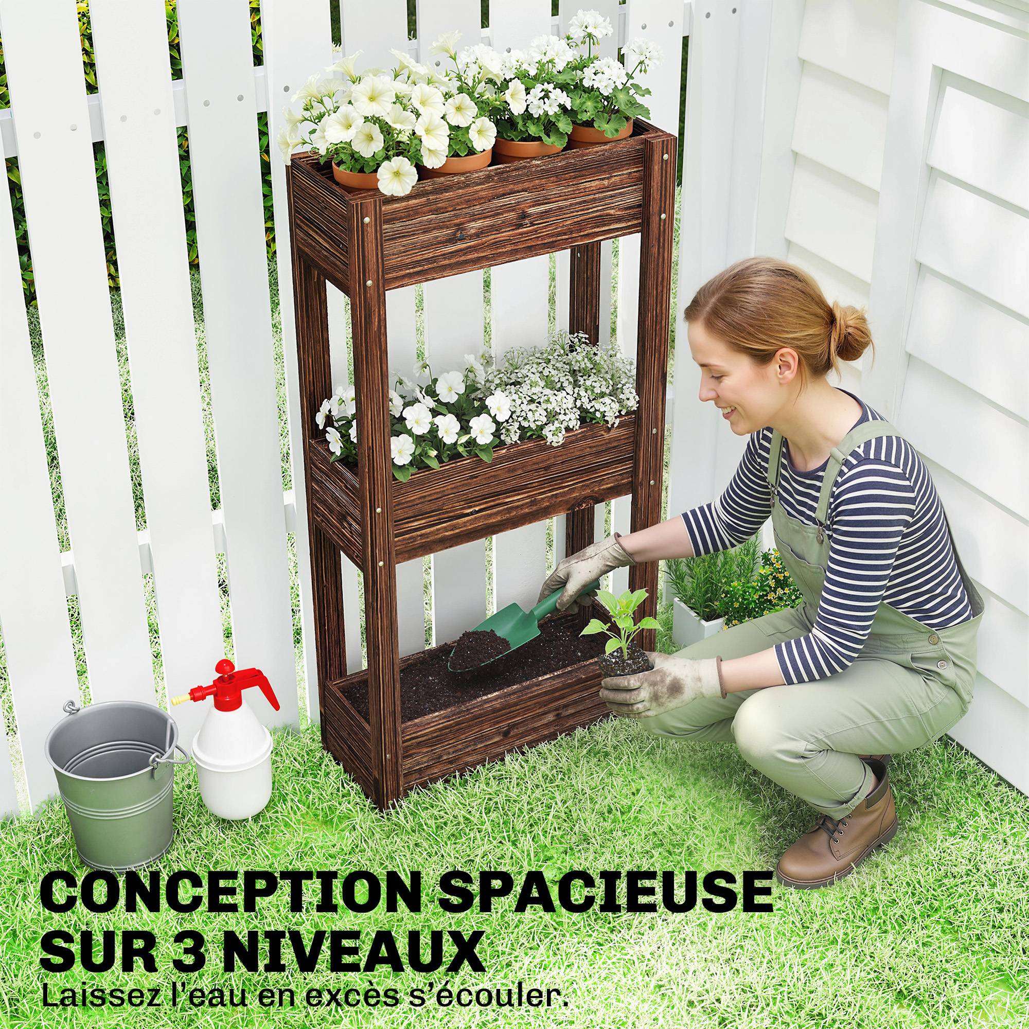 Bac à Plantes Surélevé Jardinière sur Pieds 3 Niveaux Trous de Drainage et Doublure 60 x 25 x 120 cm, Marron - Image 6