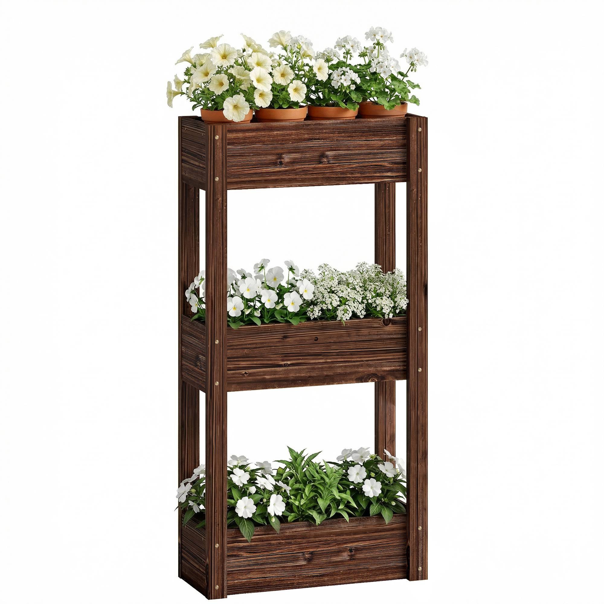 Bac à Plantes Surélevé Jardinière sur Pieds 3 Niveaux Trous de Drainage et Doublure 60 x 25 x 120 cm, Marron - Image 1