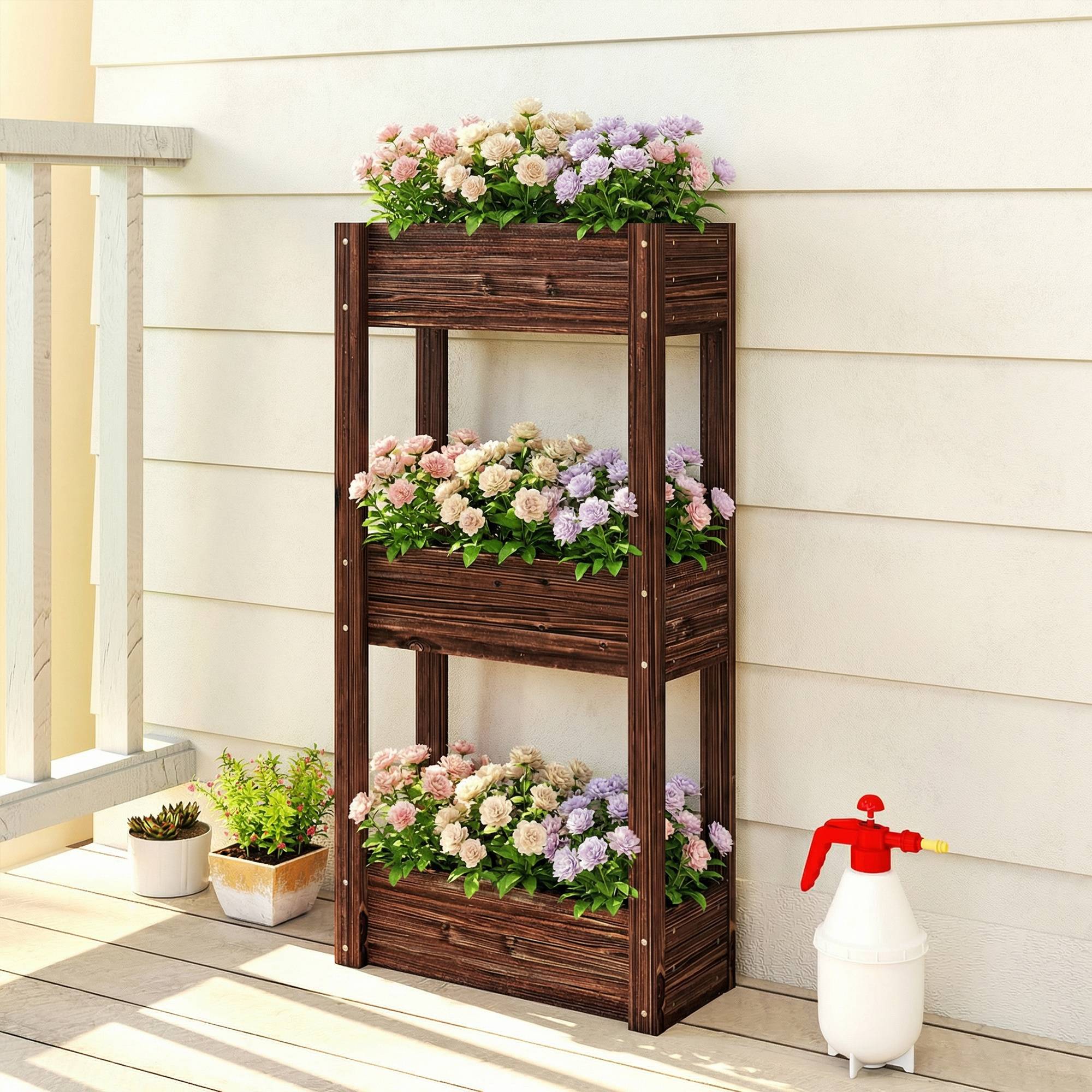 Bac à Plantes Surélevé Jardinière sur Pieds 3 Niveaux Trous de Drainage et Doublure 60 x 25 x 120 cm, Marron - Image 4