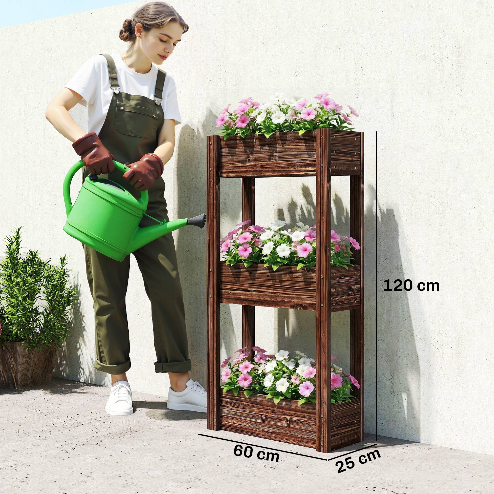 Bac à Plantes Surélevé Jardinière sur Pieds 3 Niveaux Trous de Drainage et Doublure 60 x 25 x 120 cm, Marron - Image 5