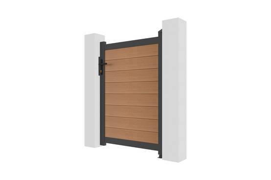 Casanoov Portillon bois composite 1m ATHOS H.140cm teck avec cadre aluminium + 2 poteaux EIFEL aluminium 15x15cm 140 x 300 cm Teck - Image 7