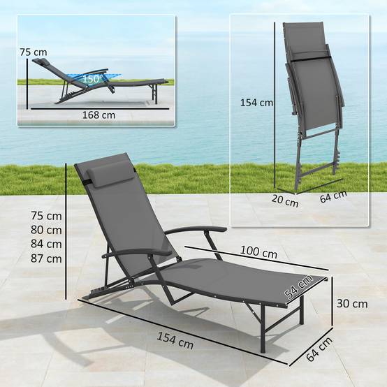 Sans Marque - Ensemble de 2 chaises longues de jardin pliantes avec dossier réglable sur 4 niveaux et coussin, grises - Image 4