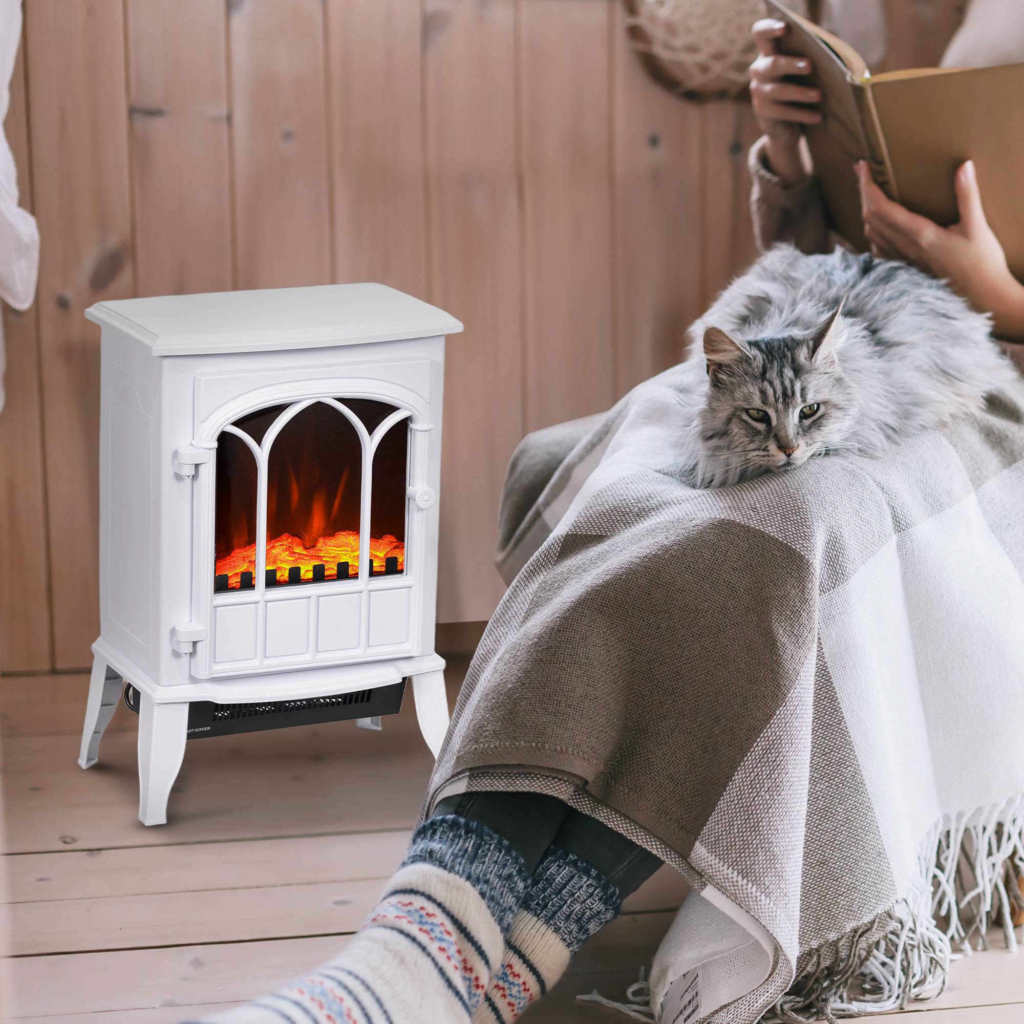 Cheminée électrique 1000W/2000W, effet flamme, température réglable et protection contre la surchauffe, pour une surface de 15 à 30 m², blanche - Image 10