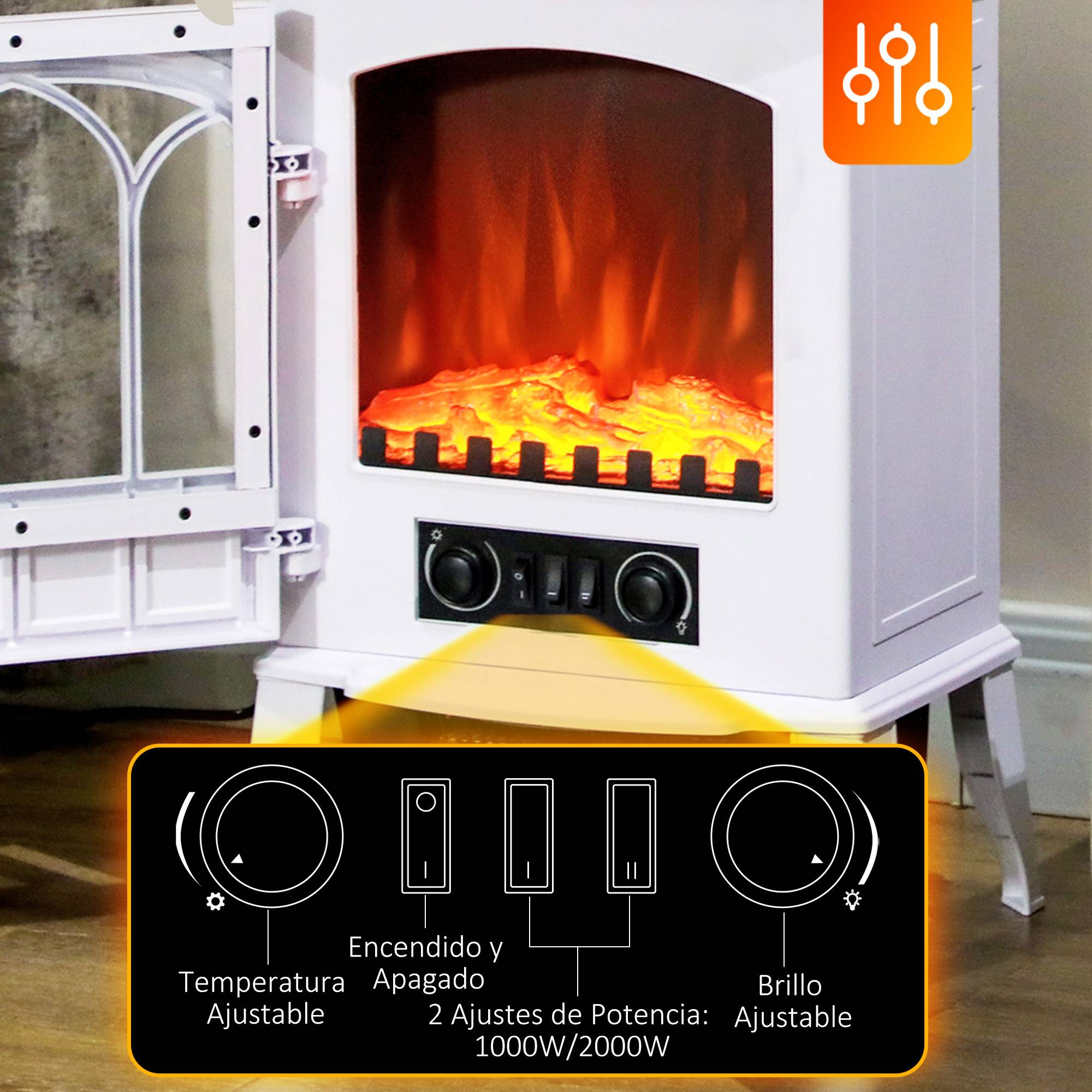 Cheminée électrique 1000W/2000W, effet flamme, température réglable et protection contre la surchauffe, pour une surface de 15 à 30 m², blanche - Image 7