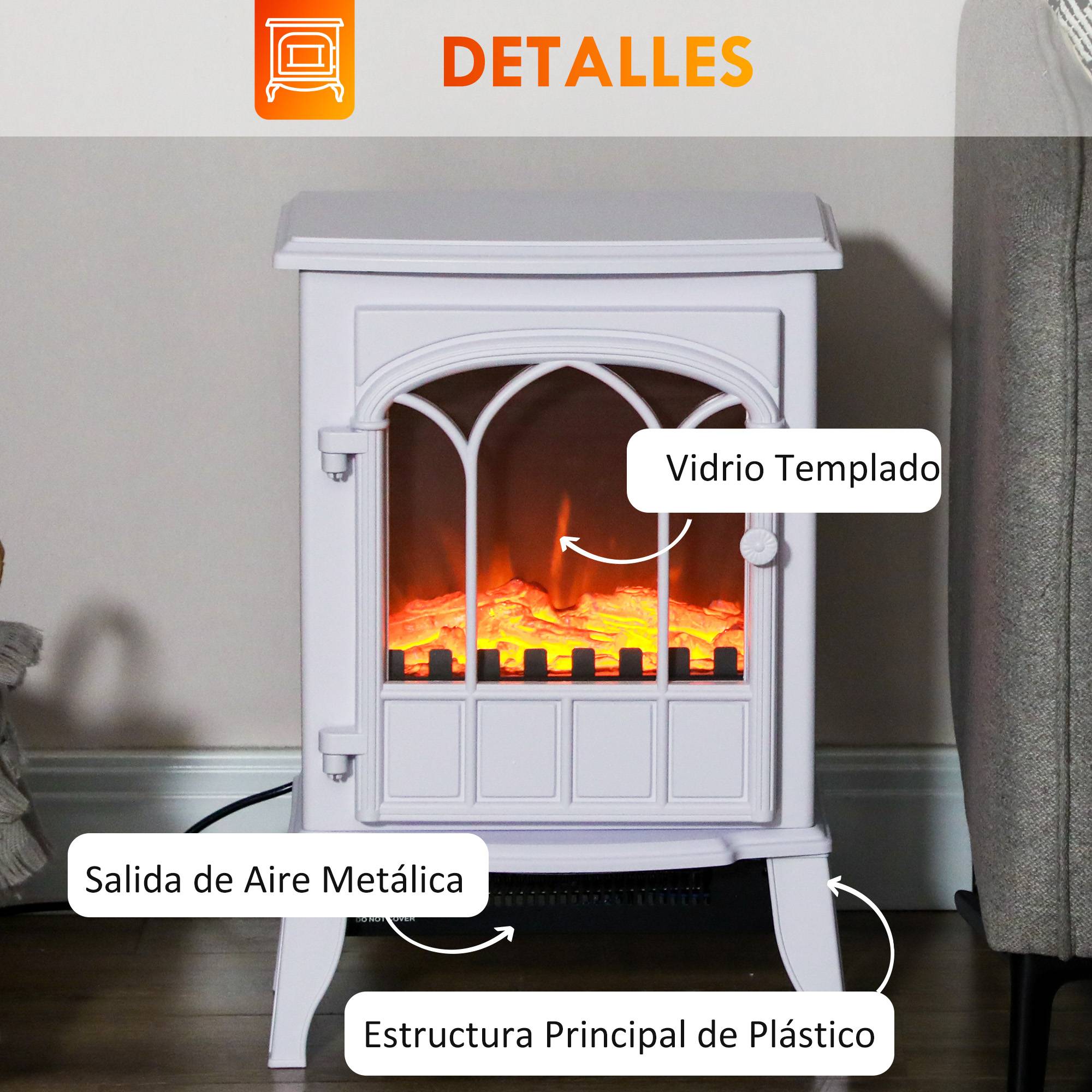Cheminée électrique 1000W/2000W, effet flamme, température réglable et protection contre la surchauffe, pour une surface de 15 à 30 m², blanche - Image 9
