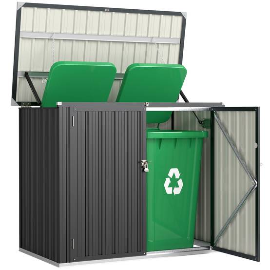 Abri à poubelles double en acier galvanisé de 240 L avec couvercle à charnières et portes verrouillables, gris - Image 1
