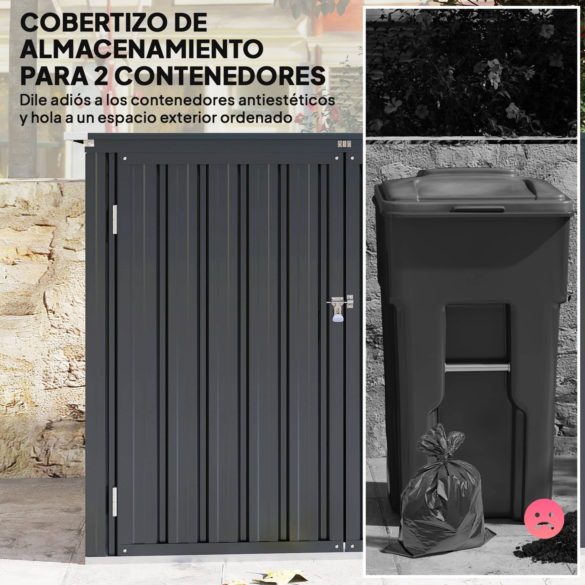 Abri à poubelles double en acier galvanisé de 240 L avec couvercle à charnières et portes verrouillables, gris - Image 6