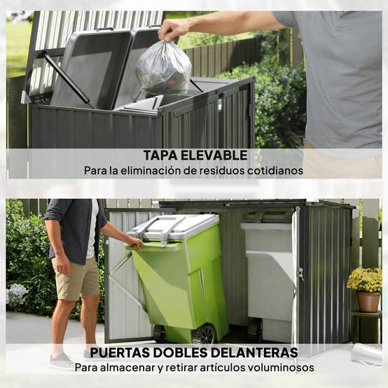 Abri à poubelles double en acier galvanisé de 240 L avec couvercle à charnières et portes verrouillables, gris - Image 9