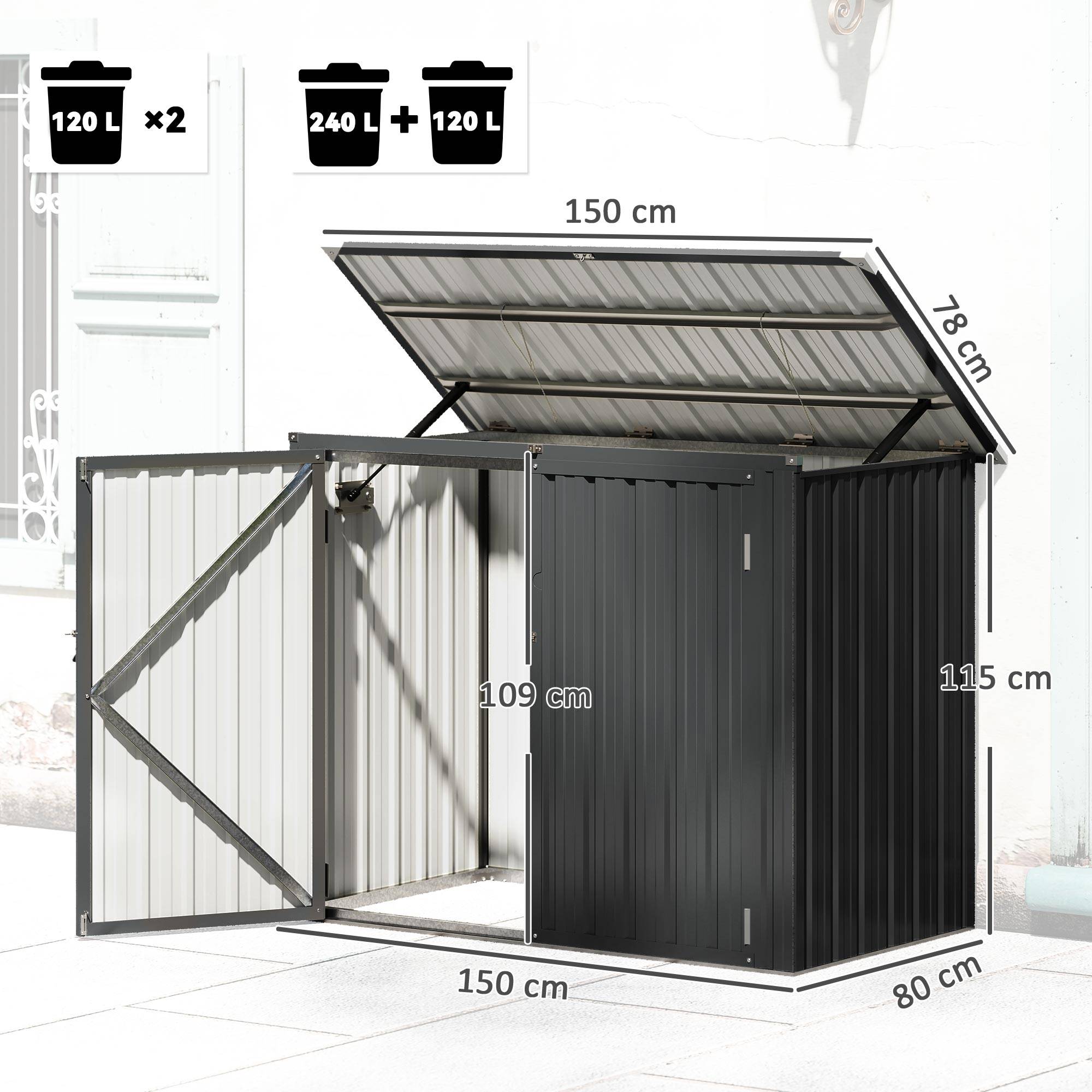 Abri à poubelles double en acier galvanisé de 240 L avec couvercle à charnières et portes verrouillables, gris - Image 5