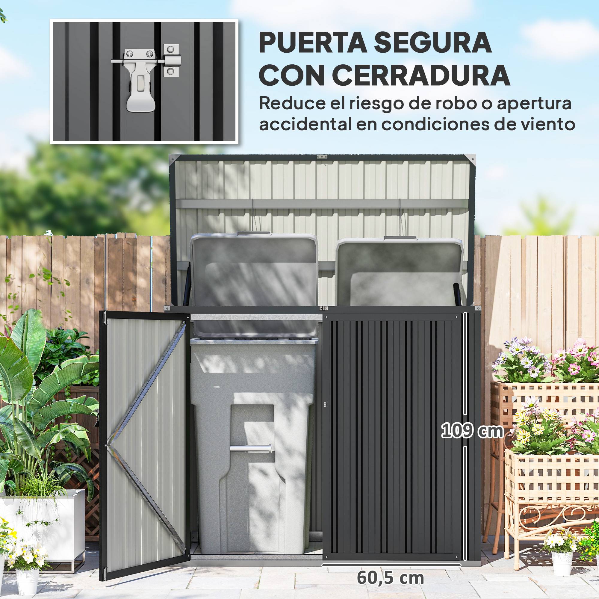 Abri à poubelles double en acier galvanisé de 240 L avec couvercle à charnières et portes verrouillables, gris - Image 7