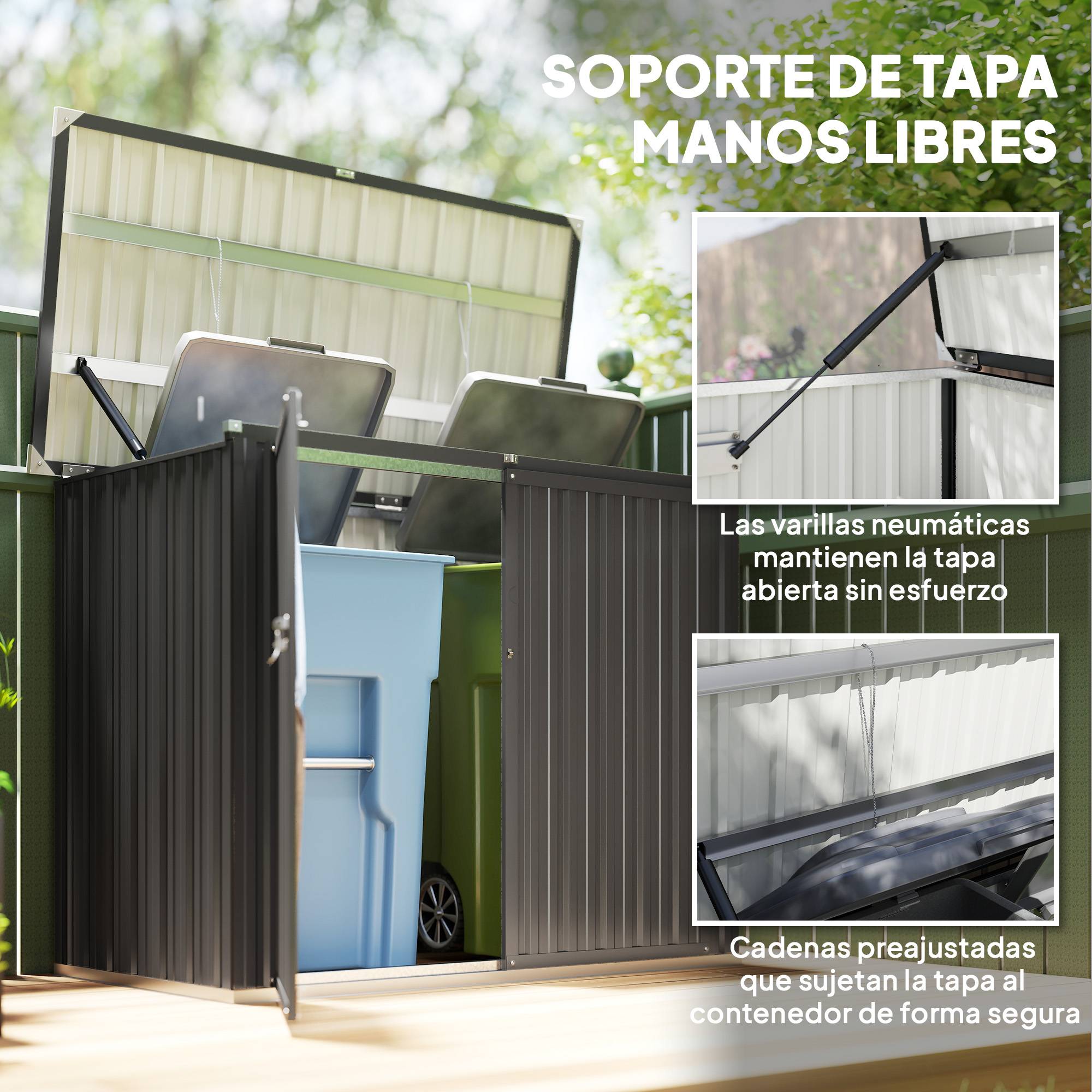 Abri à poubelles double en acier galvanisé de 240 L avec couvercle à charnières et portes verrouillables, gris - Image 8