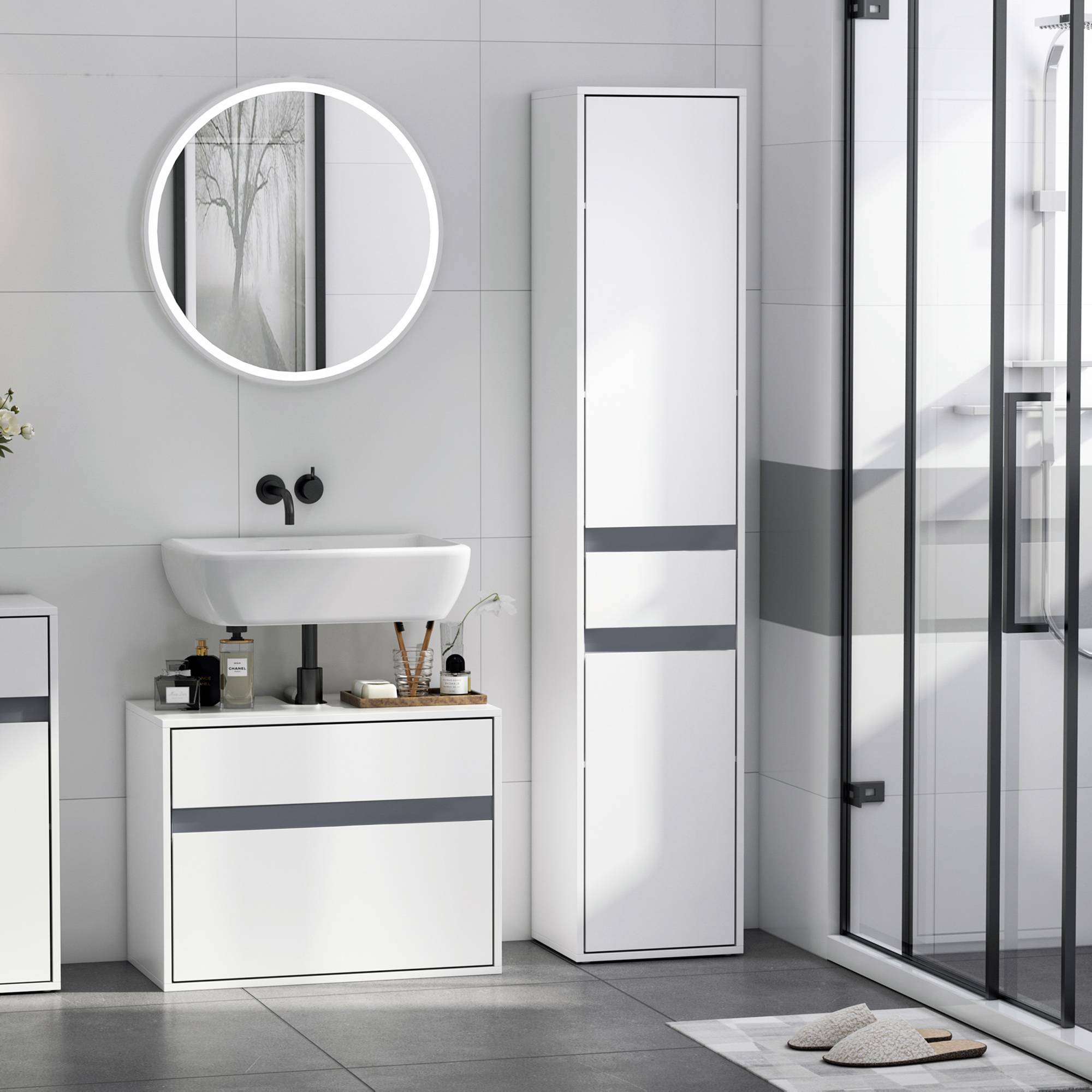 Colonne salle de bain avec 2 placards 3 étagères et tiroir, meuble rangement vertical bois blanc moderne - Image 3