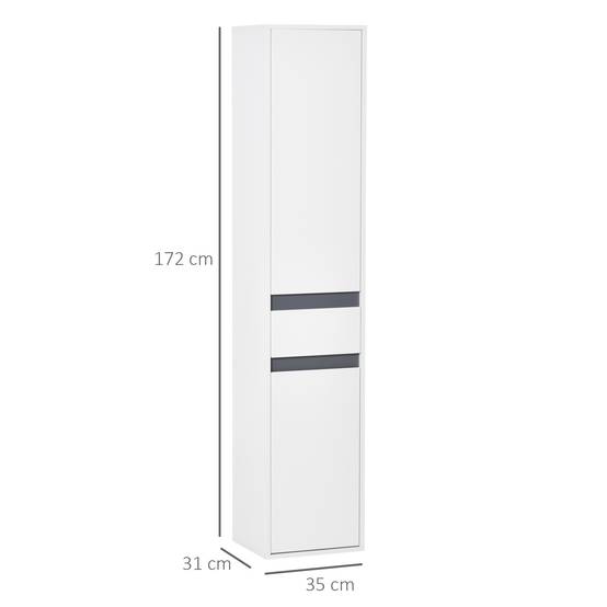 Colonne salle de bain avec 2 placards 3 étagères et tiroir, meuble rangement vertical bois blanc moderne - Image 5