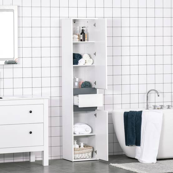 Colonne salle de bain avec 2 placards 3 étagères et tiroir, meuble rangement vertical bois blanc moderne - Image 4