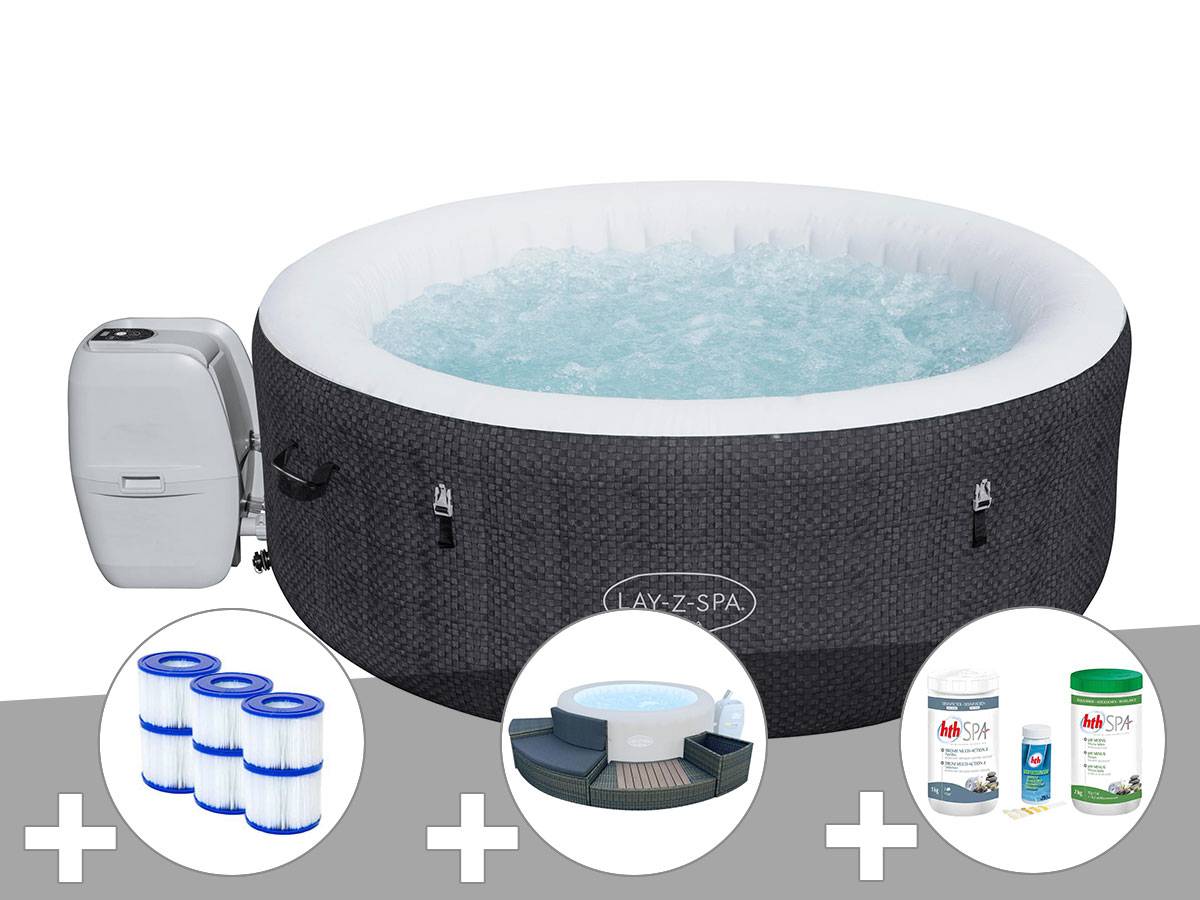 Bestway - Kit spa gonflable Bestway Lay-Z-Spa Havana rond Airjet 2/4 places + Ensemble mobilier 4 modules + 6 filtres + Kit traitement brome