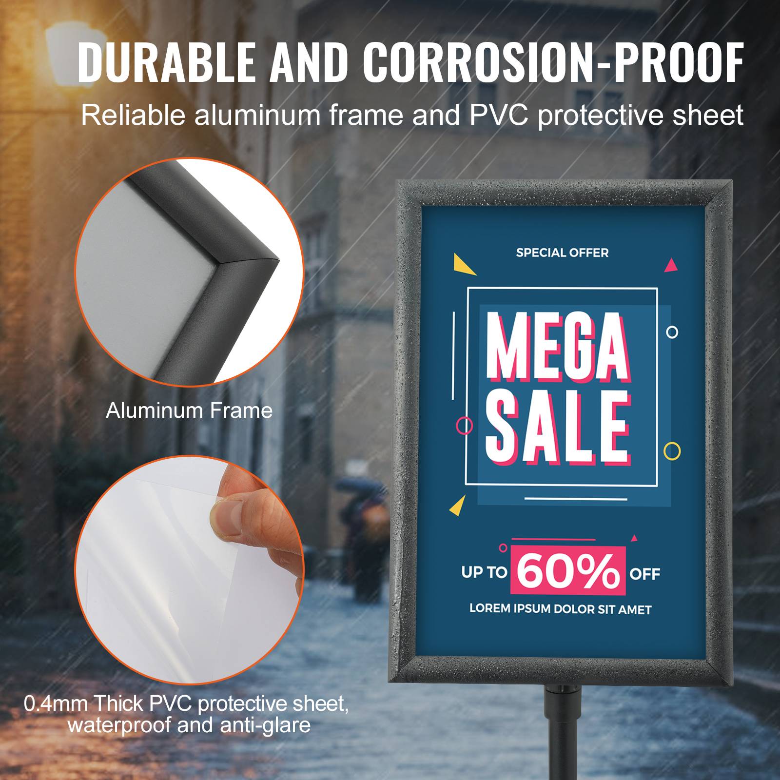VEVOR Porte-affiche 420x297mm, angle réglable, alu, base métal, PVC, menu, info, restaurant. - Image 5