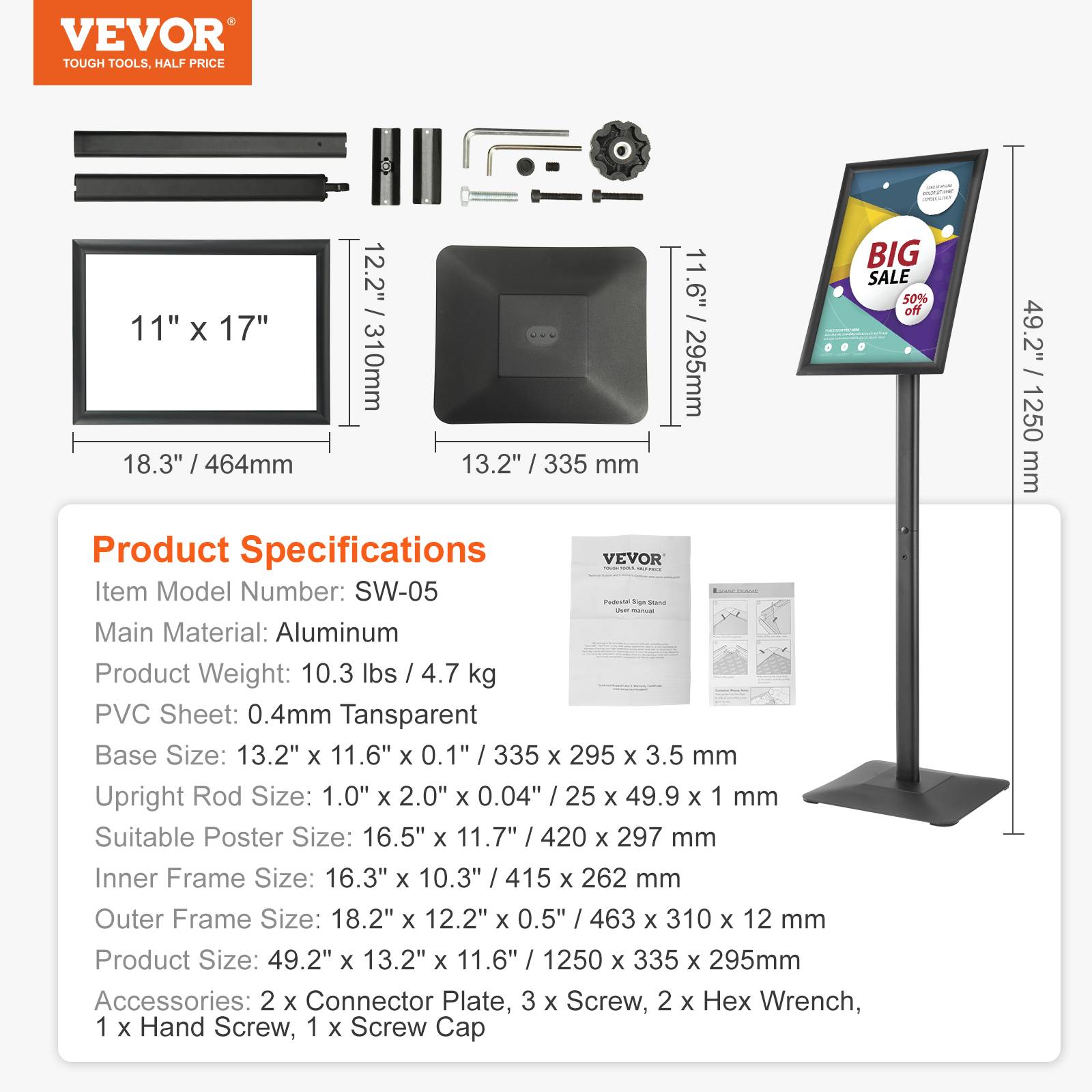 VEVOR Porte-affiche 420x297mm, angle réglable, alu, base métal, PVC, menu, info, restaurant. - Image 7