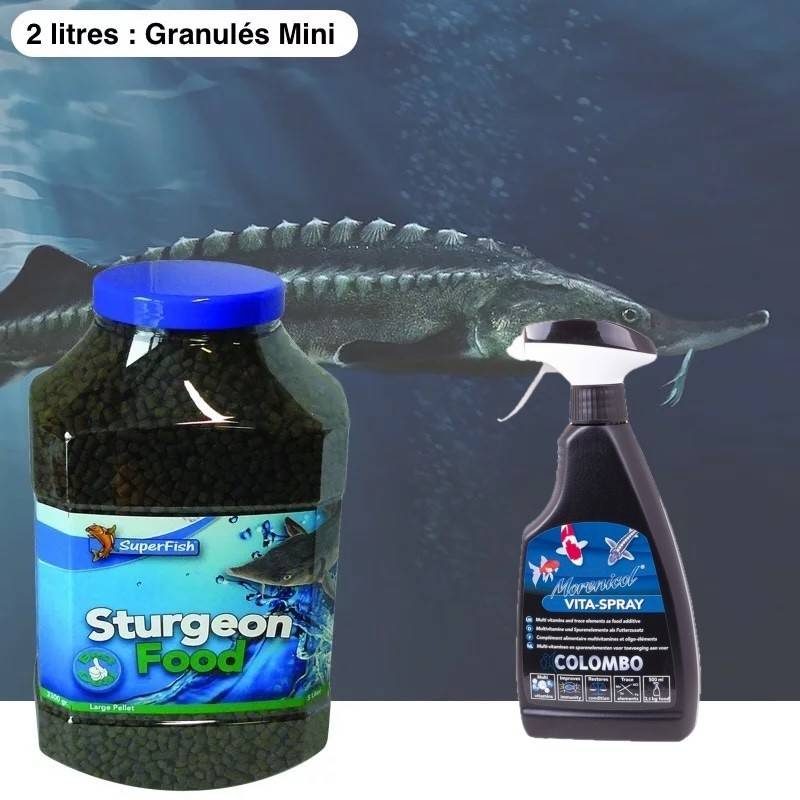 Superfish - Pack Esturgeons 2 L + Spray Vitaminé – Alimentation Spécifique Poissons de Bassin
