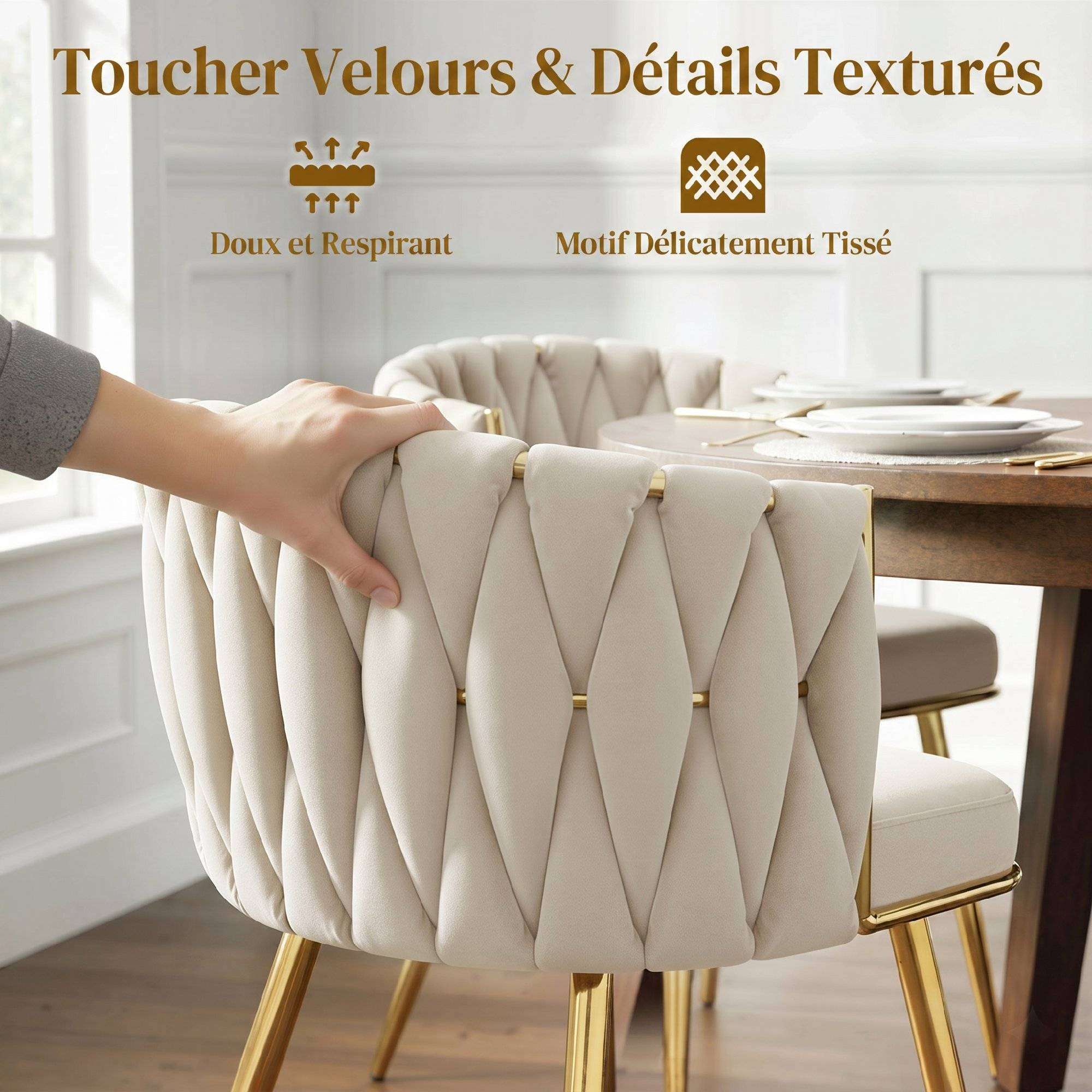Lot de 2 chaises de salle à manger, chaises de cuisine rembourrées en velours avec dossier tressé et accoudoirs, crème - Image 8