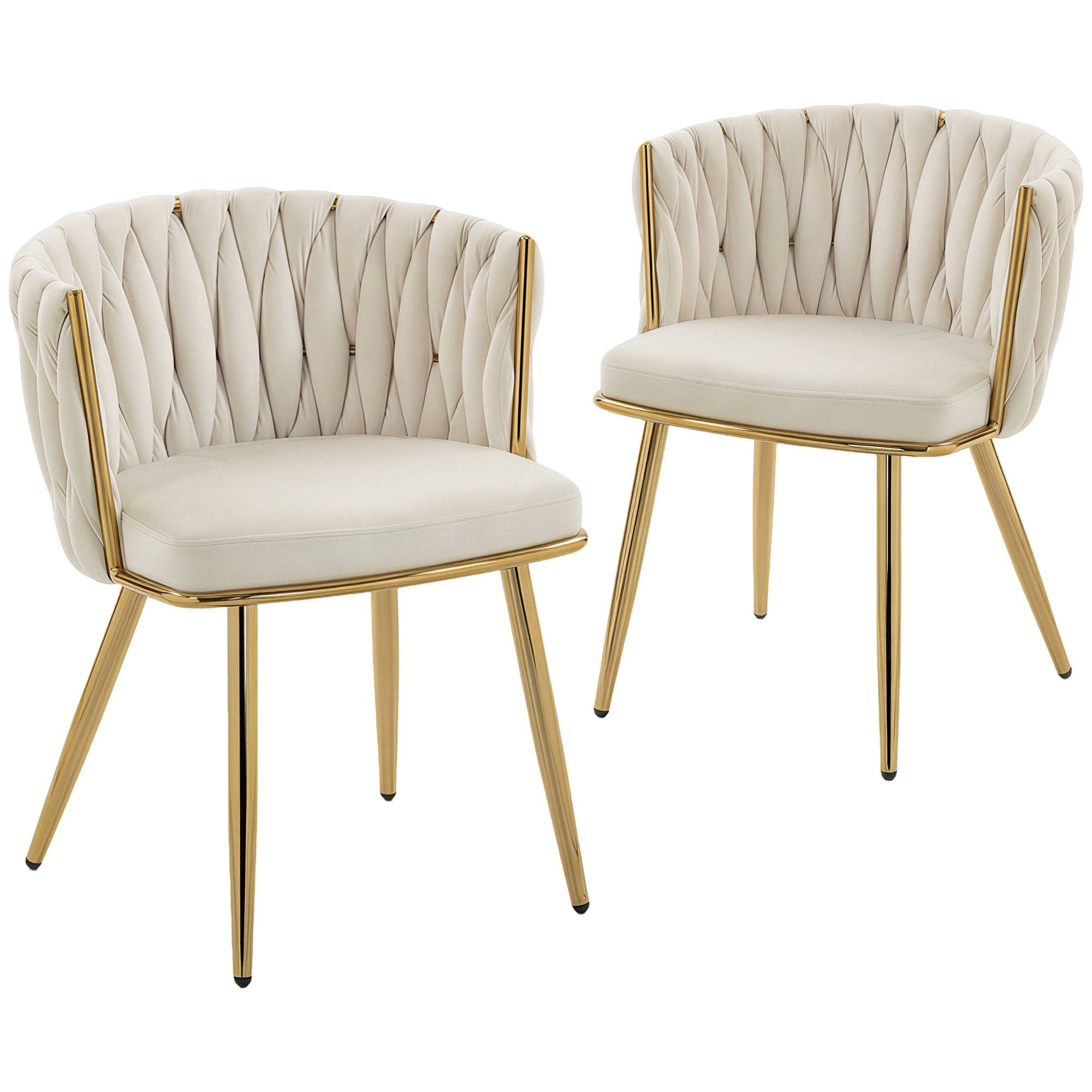 Lot de 2 chaises de salle à manger, chaises de cuisine rembourrées en velours avec dossier tressé et accoudoirs, crème - Image 1