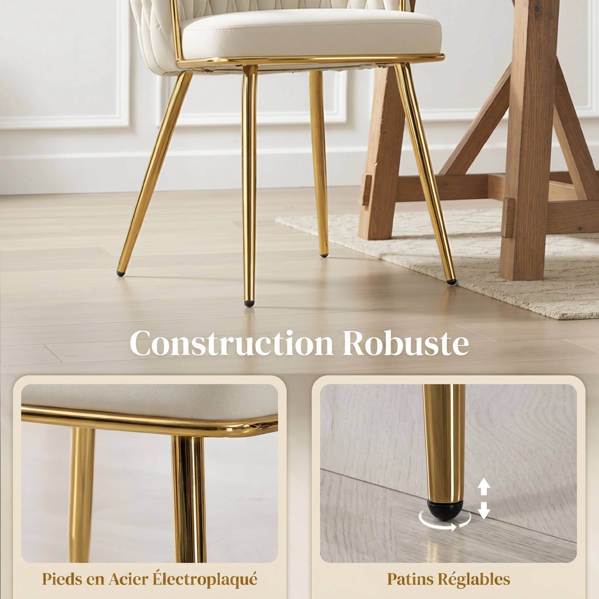 Lot de 2 chaises de salle à manger, chaises de cuisine rembourrées en velours avec dossier tressé et accoudoirs, crème - Image 9
