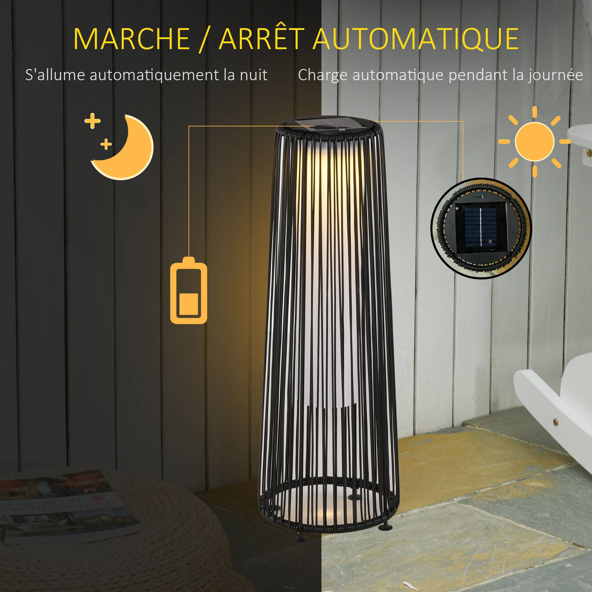 Lampadaire de jardin LED résine tressée noir 21.5 x 21.5 x 61 cm - PANGIVO - Image 6