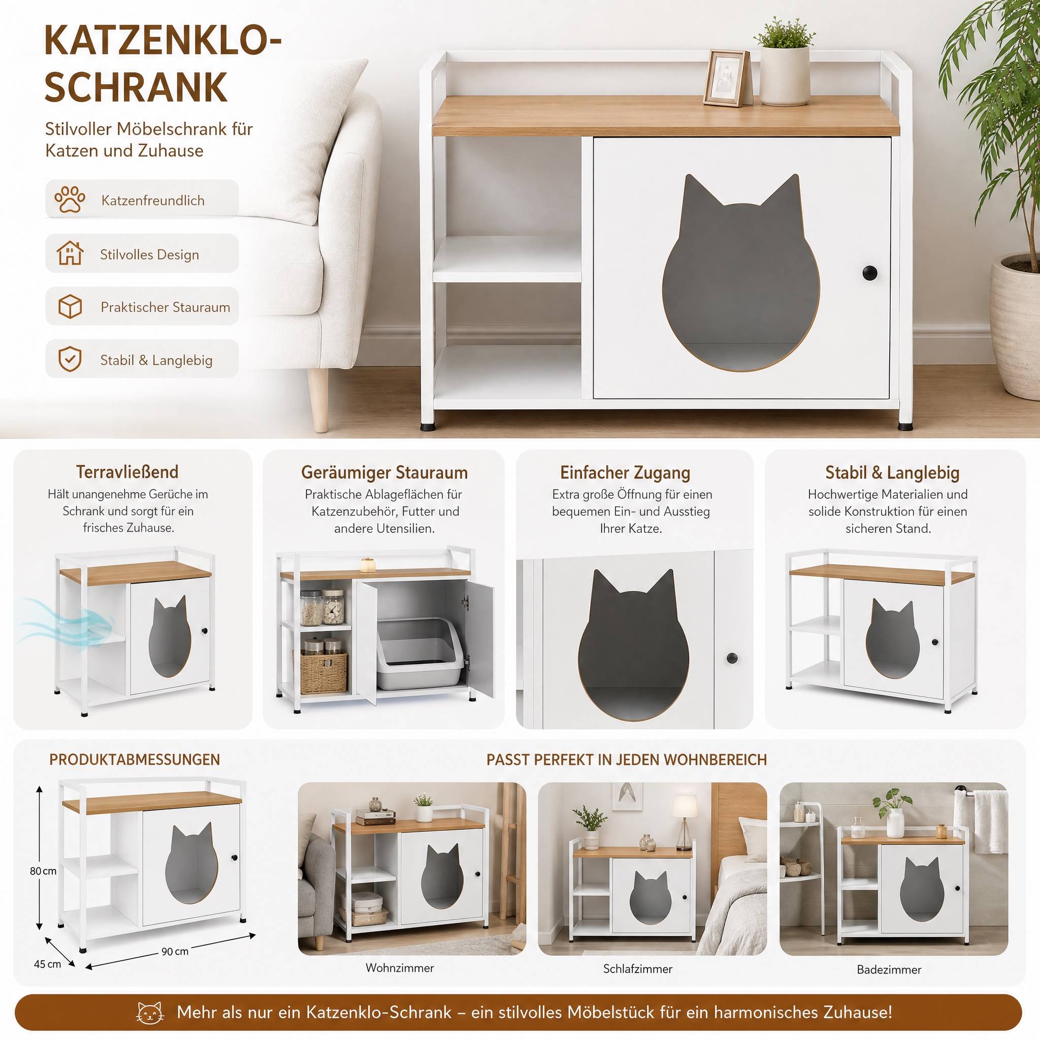 ComfortXL - Meuble cache-litière pour chat blanc et bois avec 2 étagères de rangement - ComfortXL Outdoor Living - Image 9