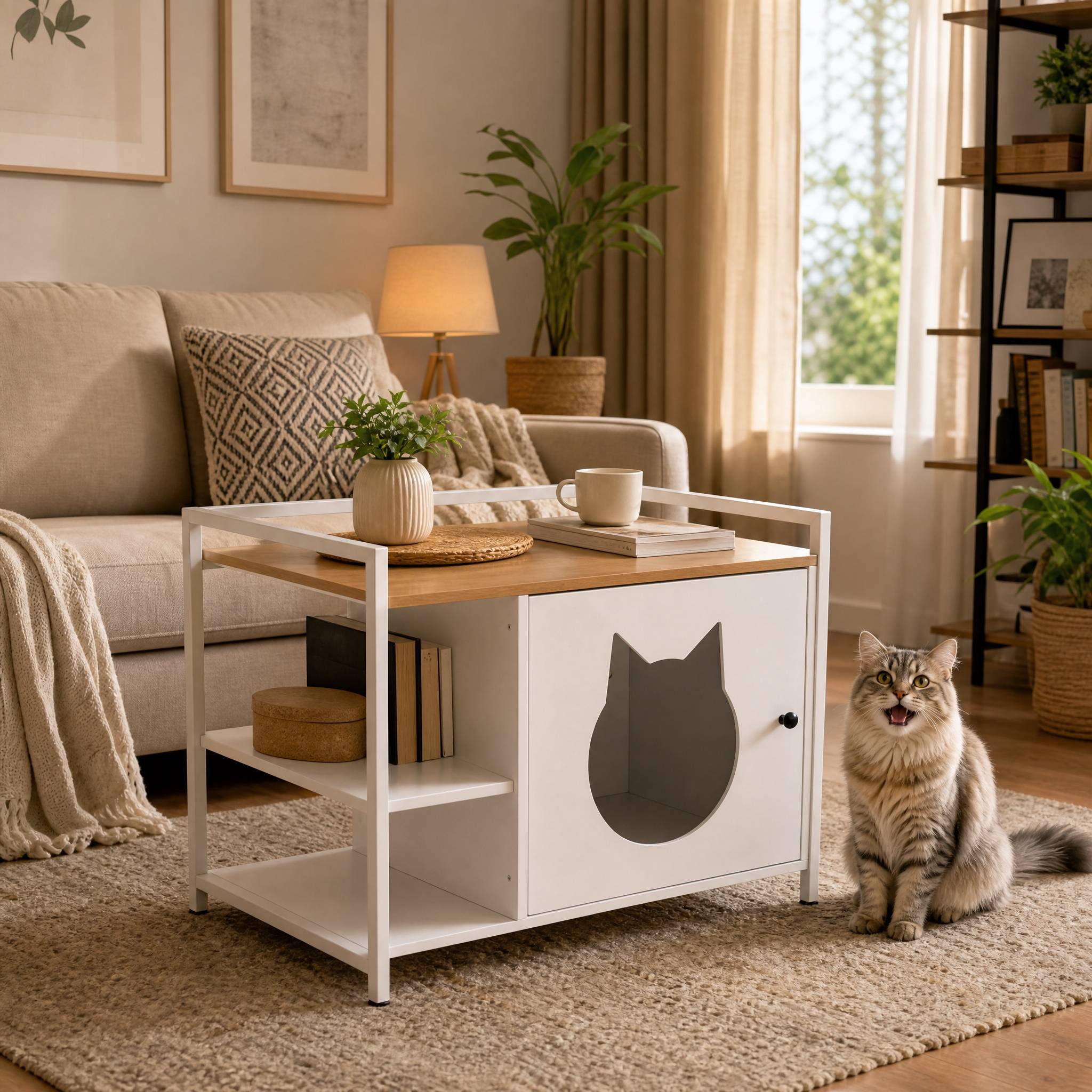 ComfortXL - Meuble cache-litière pour chat blanc et bois avec 2 étagères de rangement - ComfortXL Outdoor Living - Image 2