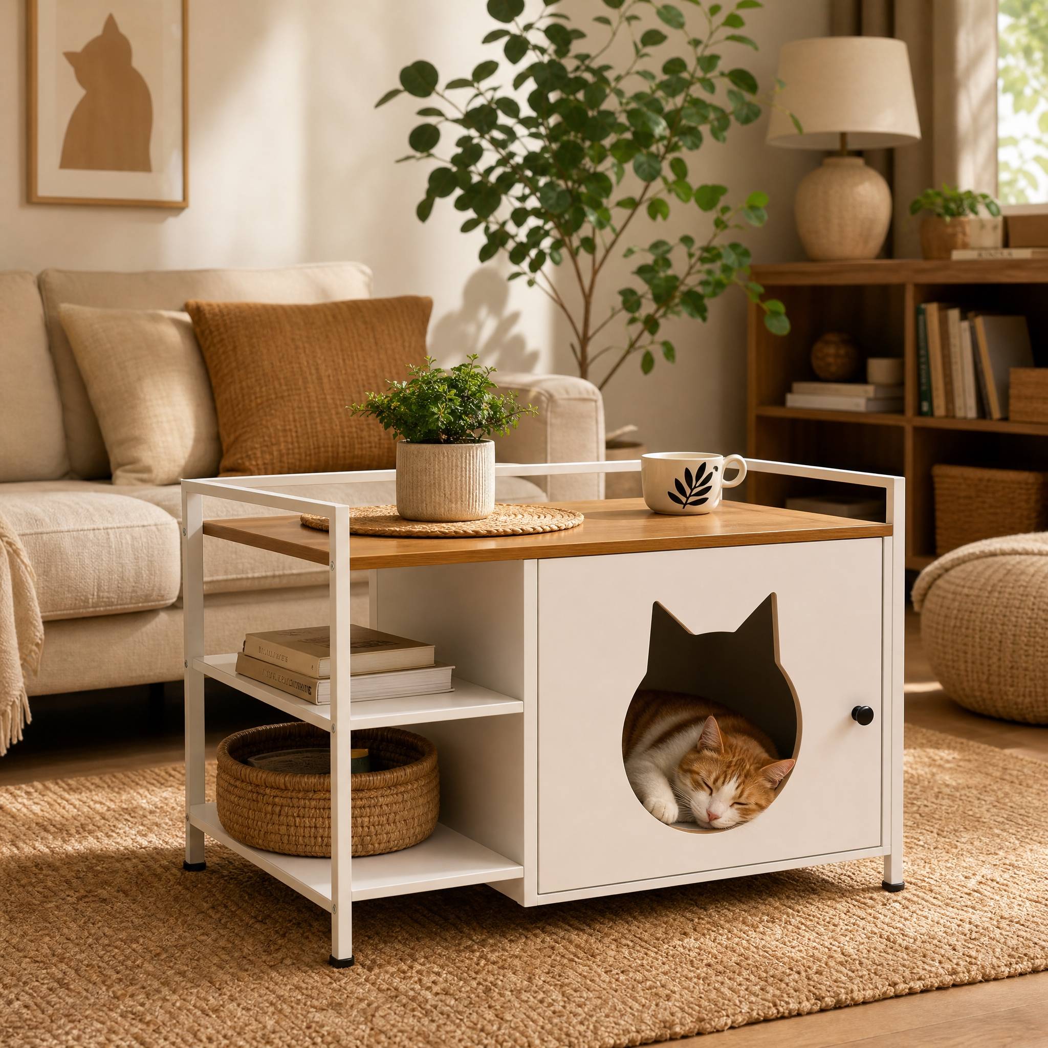 ComfortXL - Meuble cache-litière pour chat blanc et bois avec 2 étagères de rangement - ComfortXL Outdoor Living - Image 1